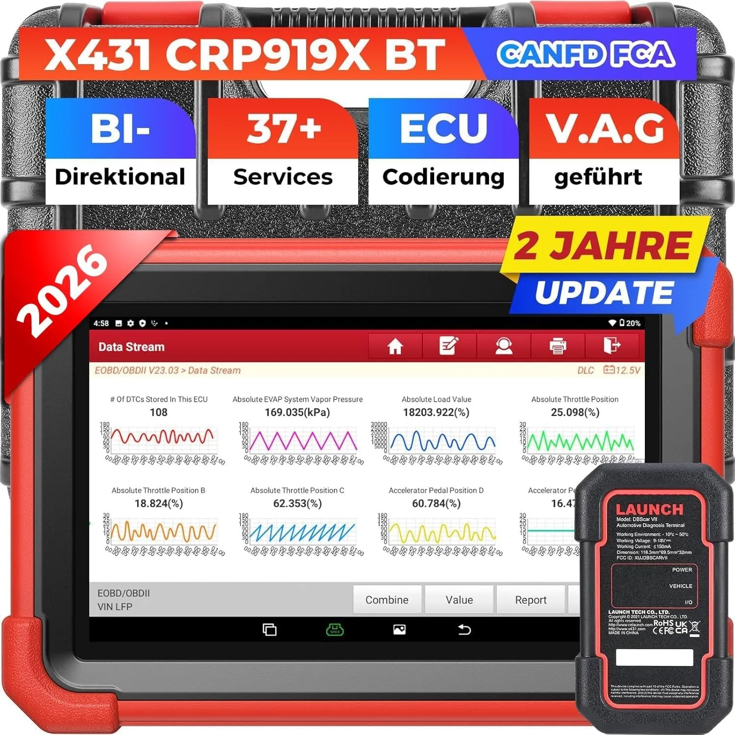 LAUNCH X431 CRP919X BT OBD2-Diagnosegerät, ECU-Codierung, 45+ Dienst