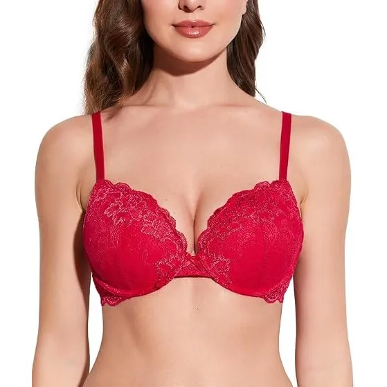 Deyllo Push-Up-BH für Damen, mit Spitze, bequemer gepolsterter Bügel-BH, hebt an, vergrößert um eine Körbchengröße