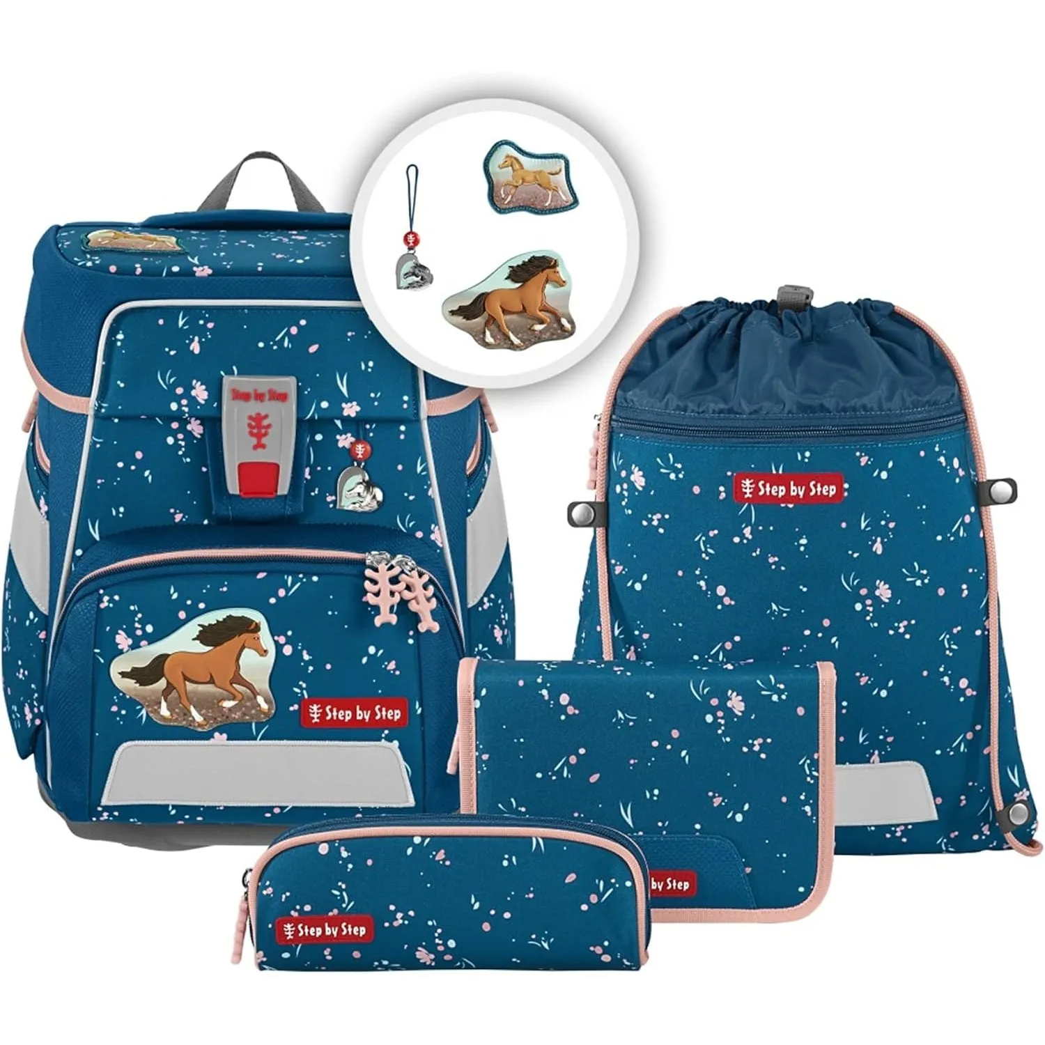Step by Step Schulranzen-Set SPACE Wild Horse Ronja, 5-teilig, blau, Pferde-Design, ergonomischer Tornister mit Reflekt…