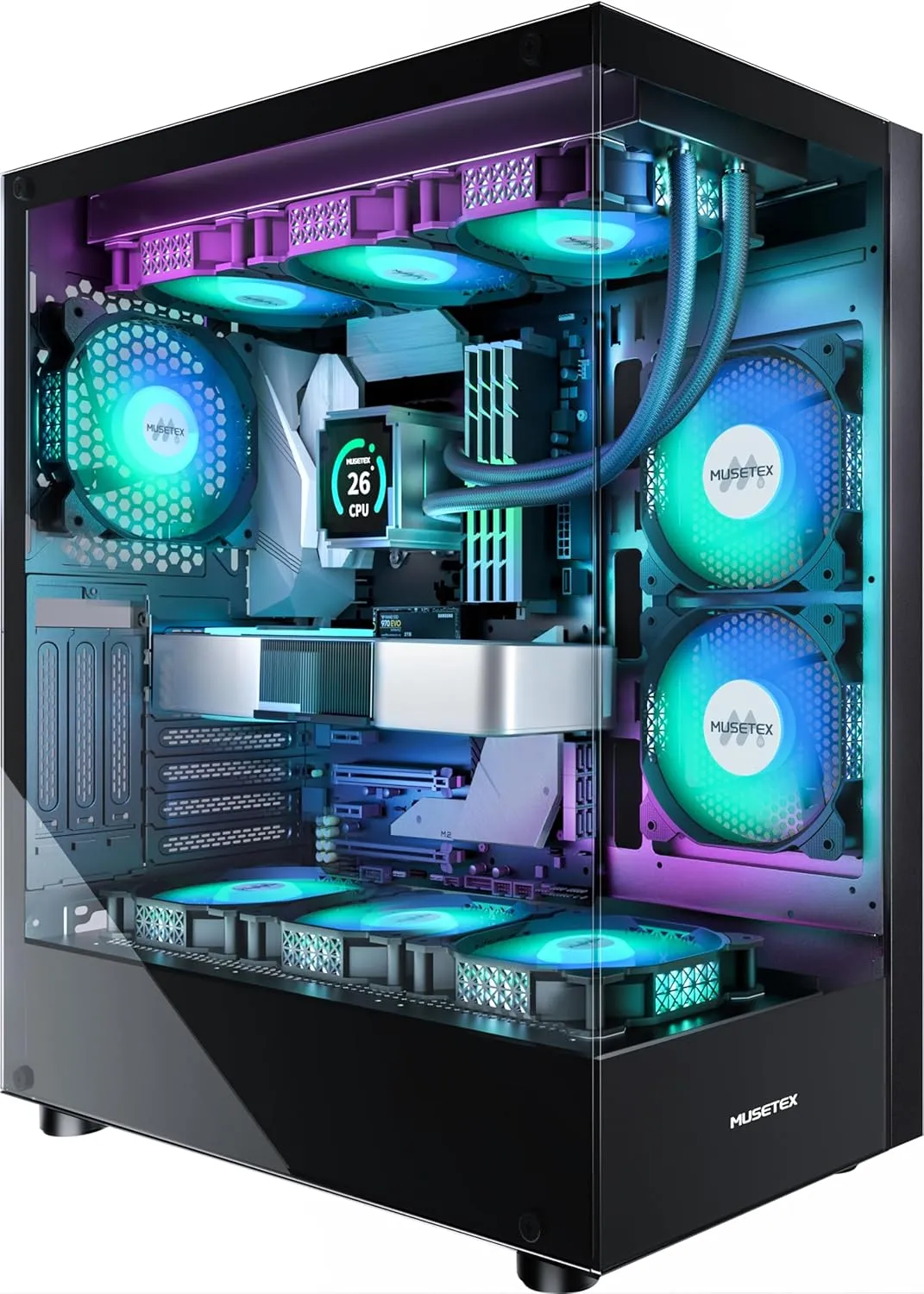 MUSETEX PC Case ATX Pre-Install 6 PWM ARGB Fan, Type-C Mid-Tower Computer Case with Full View Double Glass, Gaming PC C…