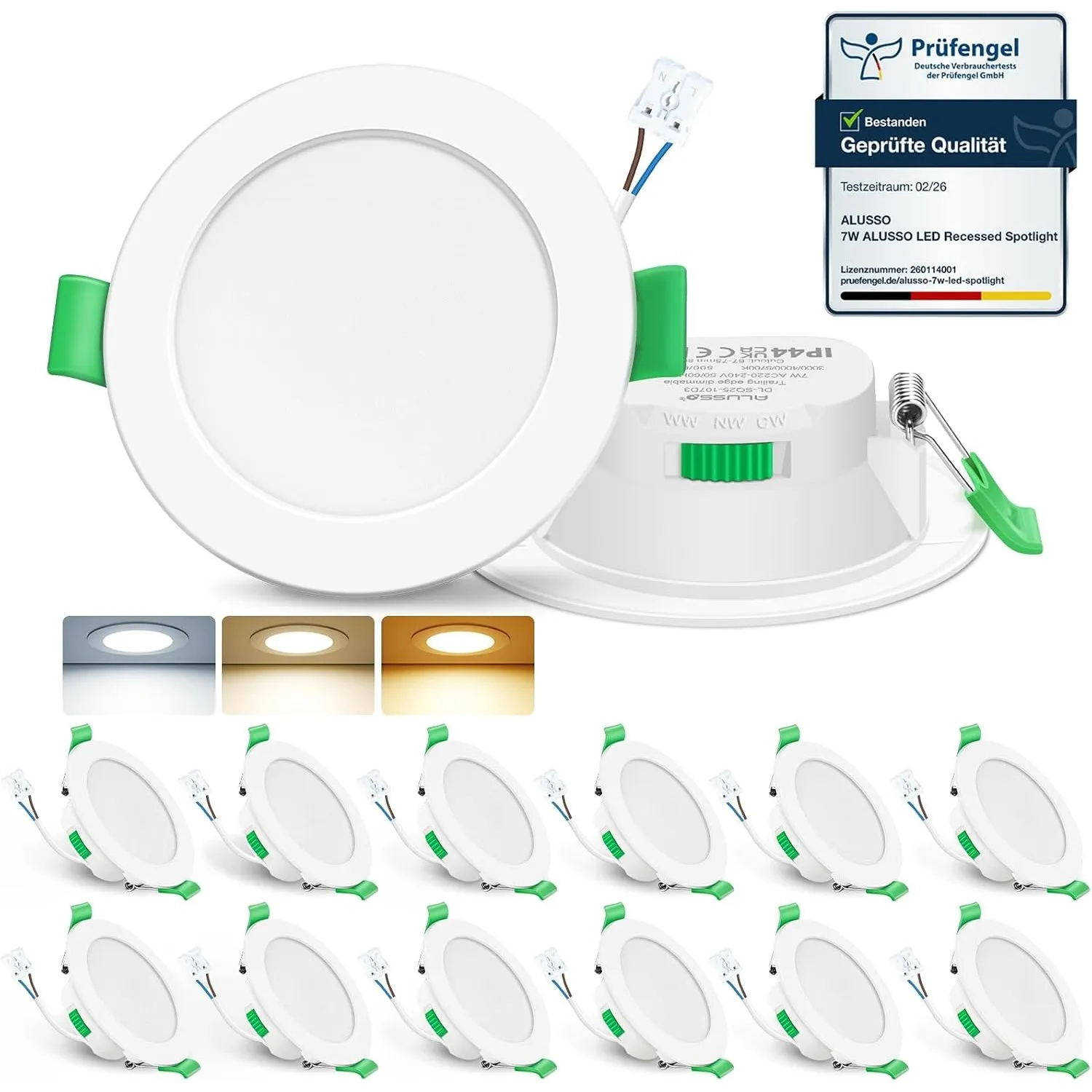 ALUSSO LED Einbaustrahler 230V 7W 3CCT Dimmbar 68mm Spots, Weiss 12er Set
