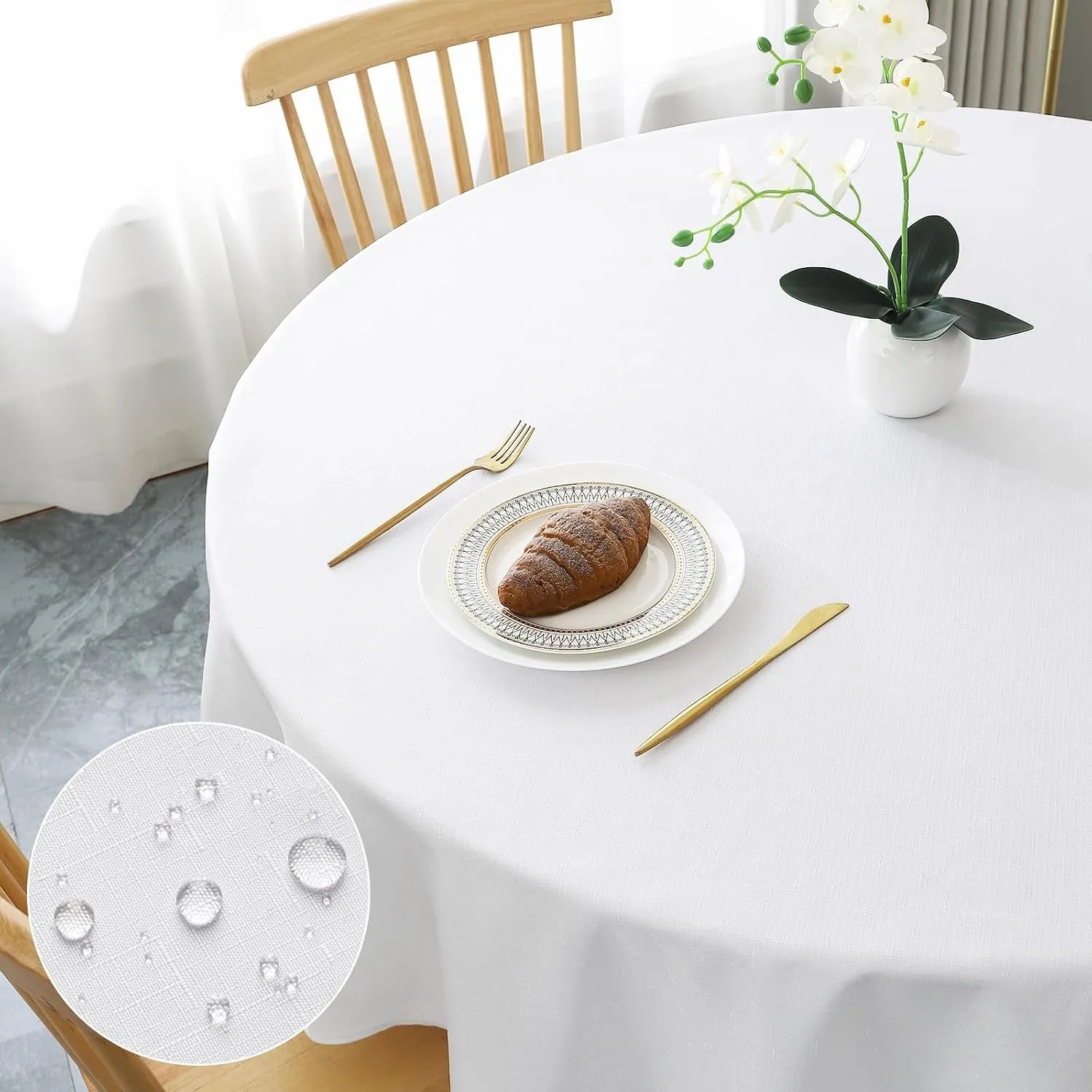 AooHome Tischdecke Rund Φ140cm, Weiß Leinen-Optik Tischdecken Abwaschbar Tischtuch aus Polyester Wasserabweisend mit Lo…