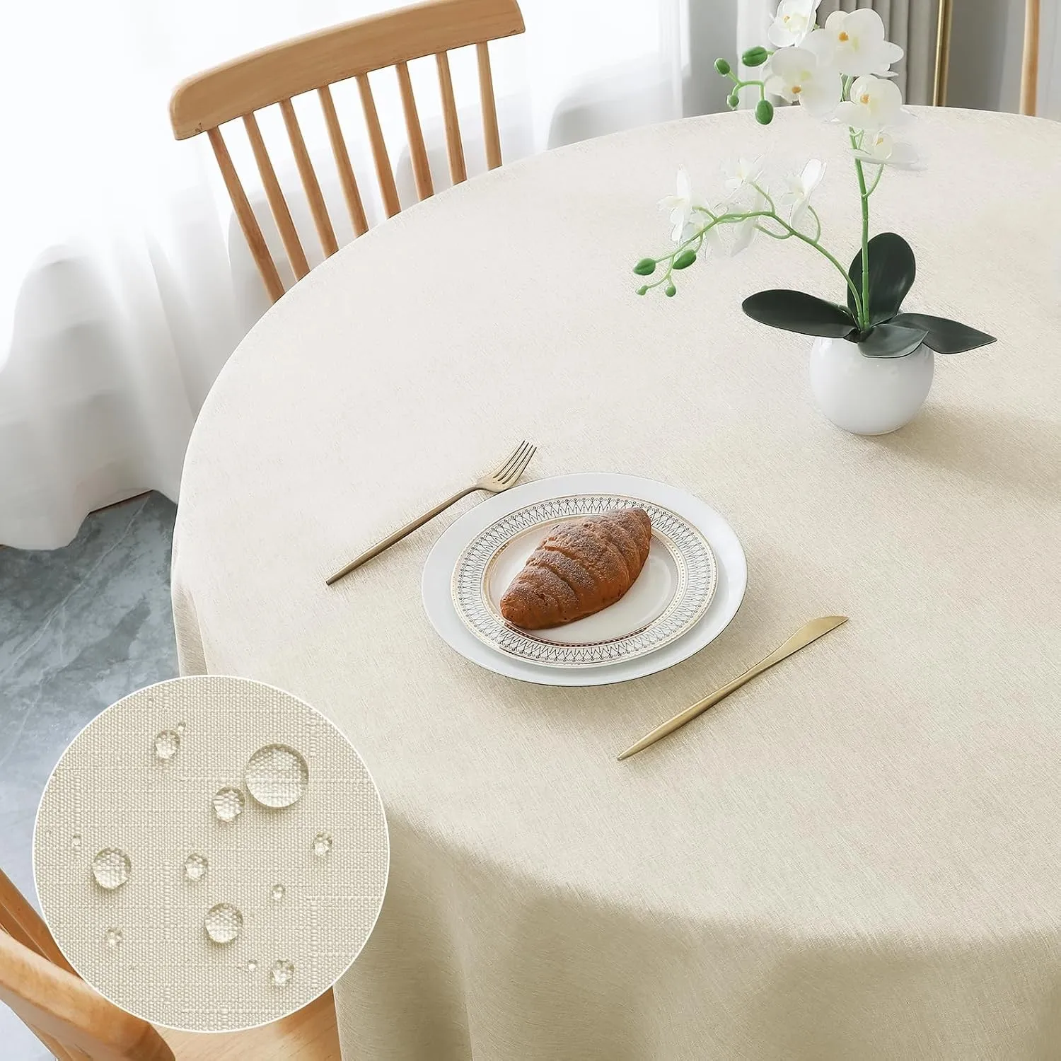 AooHome Tischdecke Rund Φ180cm, Beige Leinen-Optik Tischdecken Abwaschbar Tischtuch aus Polyester Wasserabweisend mit L…