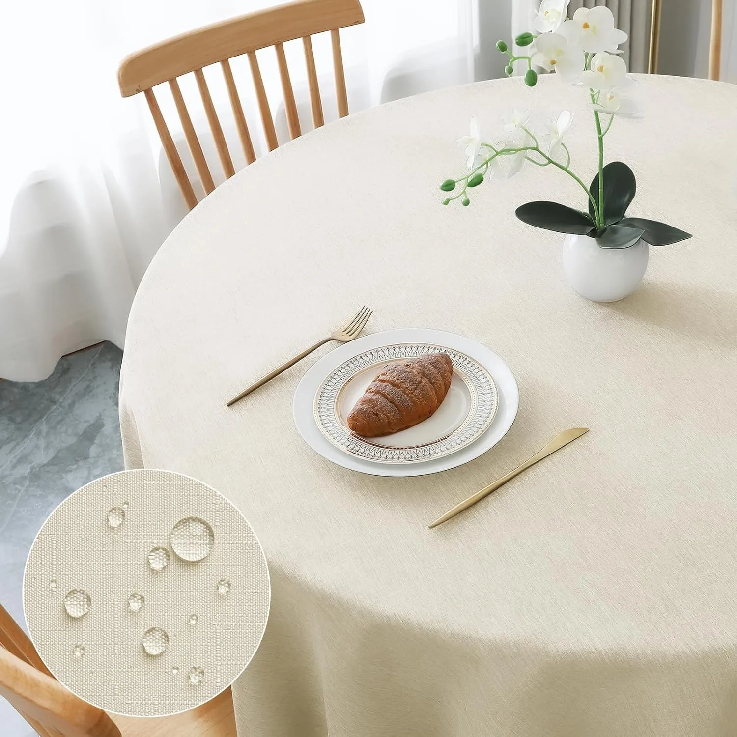AooHome Tischdecke Rund Φ140cm, Beige Leinen-Optik Tischdecken Abwaschbar Tischtuch aus Polyester Wasserabweisend mit L…