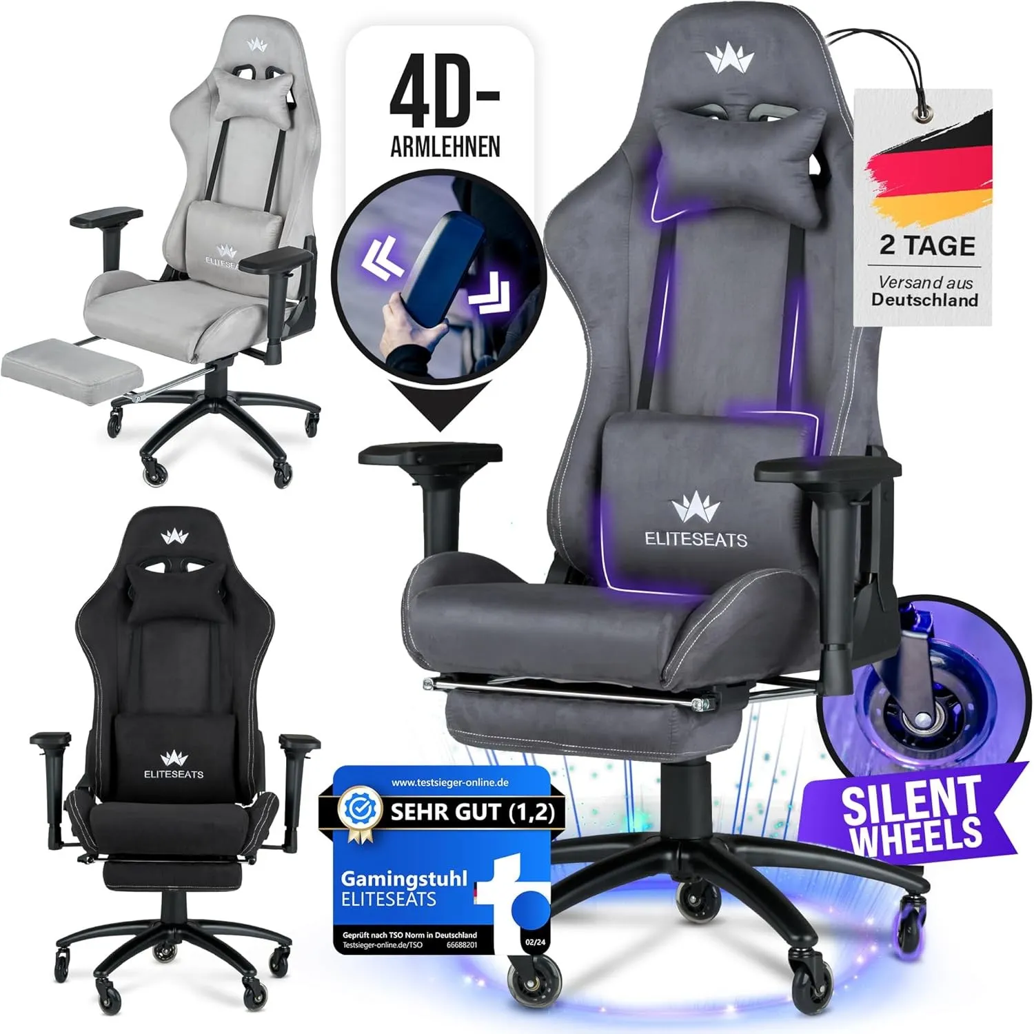 ELITESEATS Gaming Stuhl Ergonomisch [TESTSIEGER] Kratzerfreie Rollen Atmungsaktiv, 4D-Armlehnen, mit Fußstütze | Ergono…