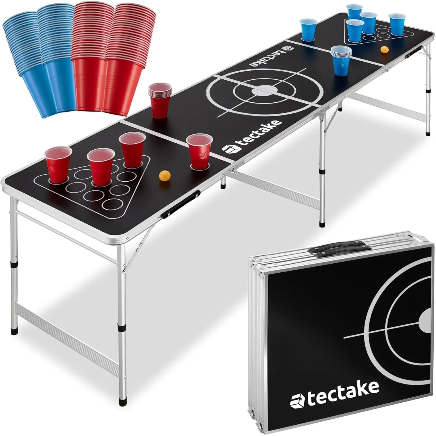 tectake® Bierpong Tisch, Beer Pong Tisch, inkl. 100 Becher (50 rot & 50 blau) und 6 Bälle, höhenverstellbar, Tisch klap…