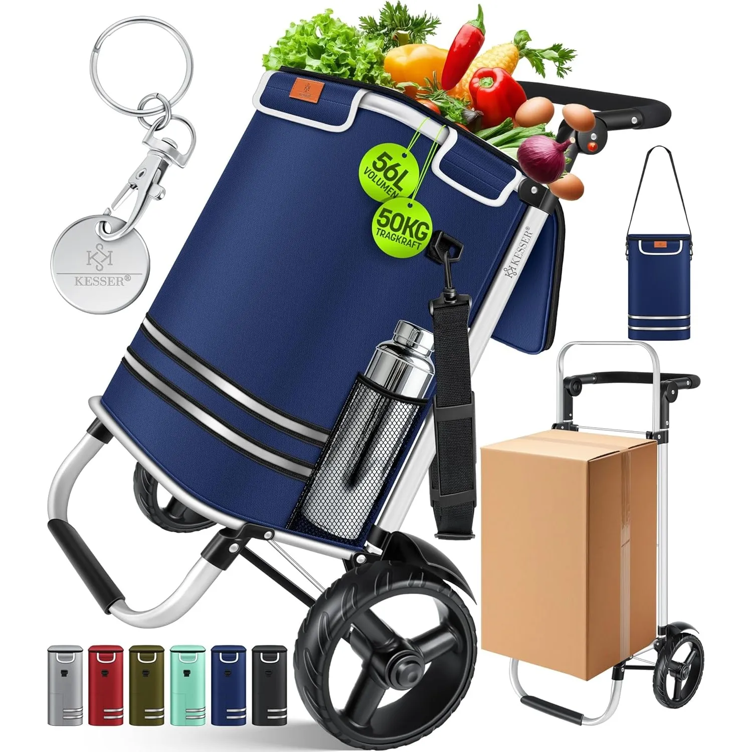 KESSER® Einkaufstrolley klappbar mit 56L Kapazität und belastbar bis 50kg | 3in1 Trolley Sackkarre & Umhängetasche | Fa…