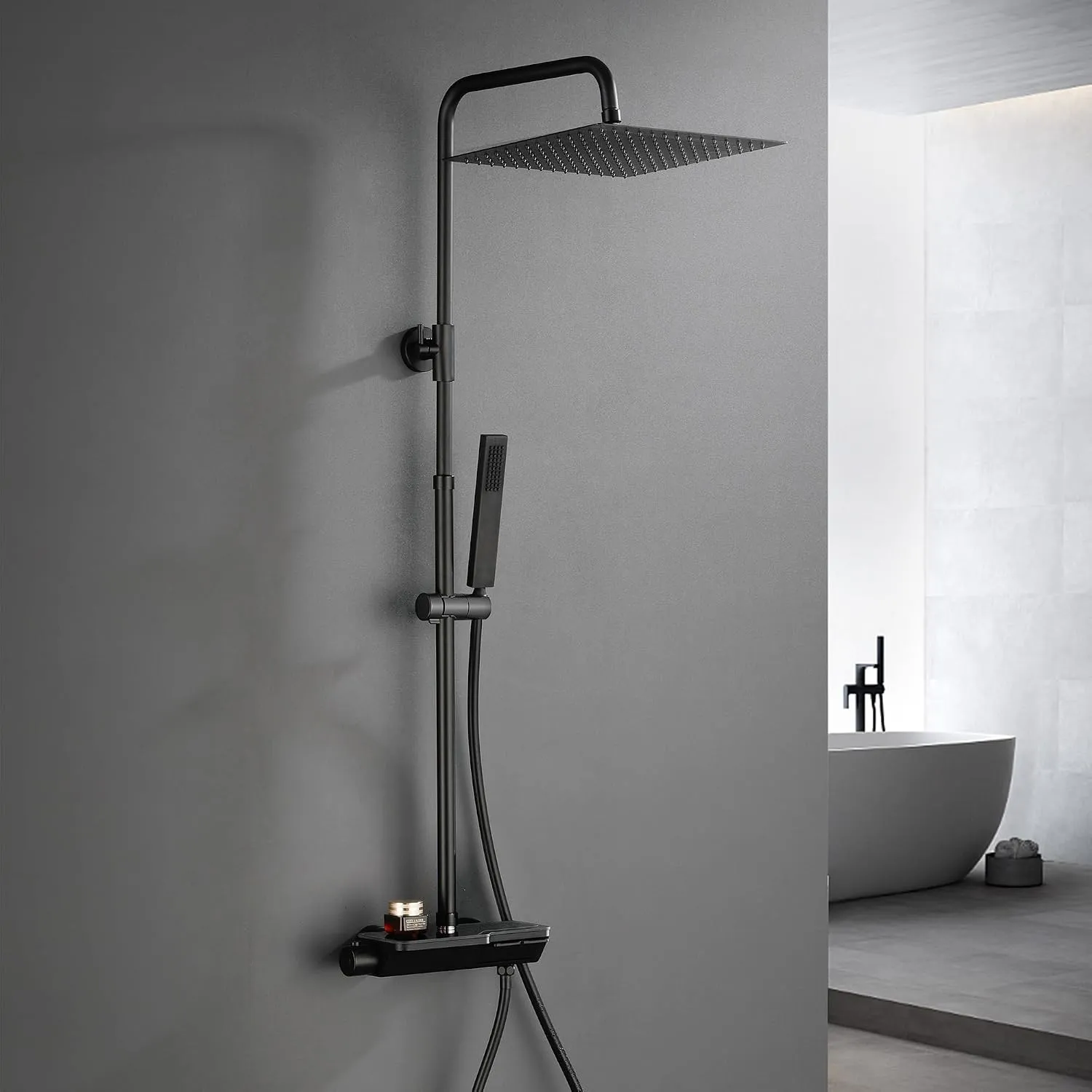 Görbach Regendusche Duschsystem mit Thermostat, Kopfbrause 30x30 cm Schwarz
