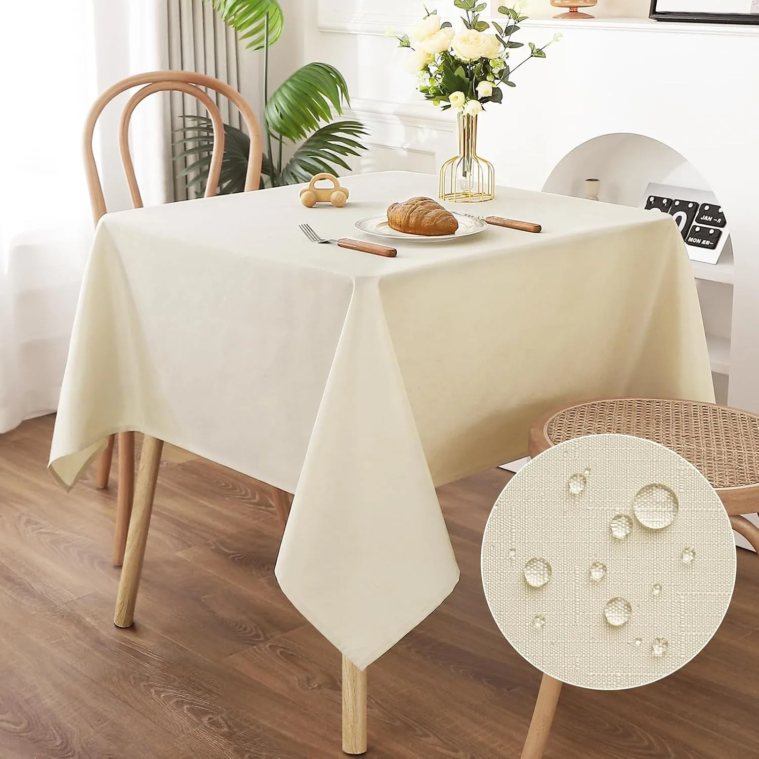AooHome Tischdecke Abwaschbar Beige, 120x120cm Tischdecken Leinen-Optik Tischtuch aus Polyester Wasserabweisend mit Lot…