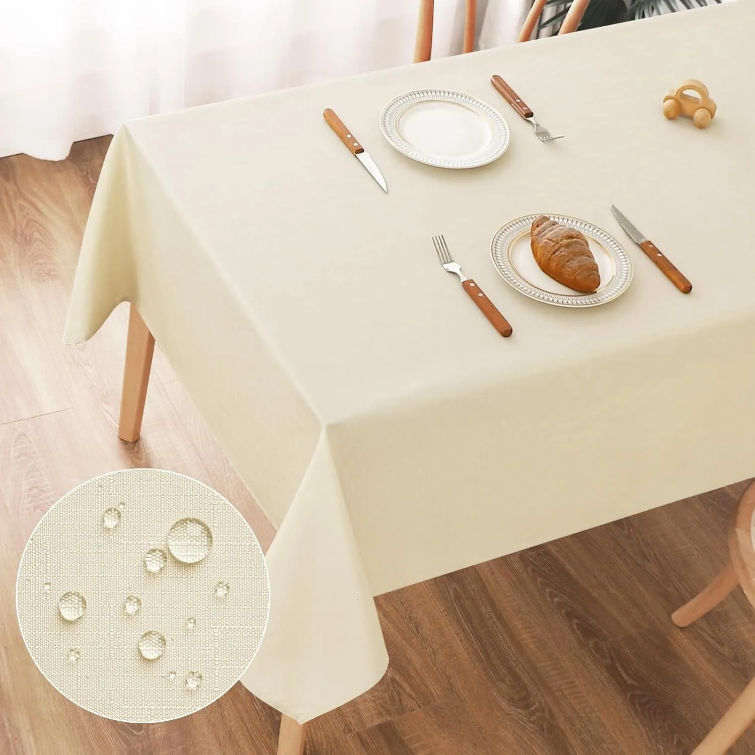 AooHome Tischdecke Abwaschbar Beige, 140x240cm Tischdecken Leinen-Optik Tischtuch aus Polyester Wasserabweisend mit Lot…