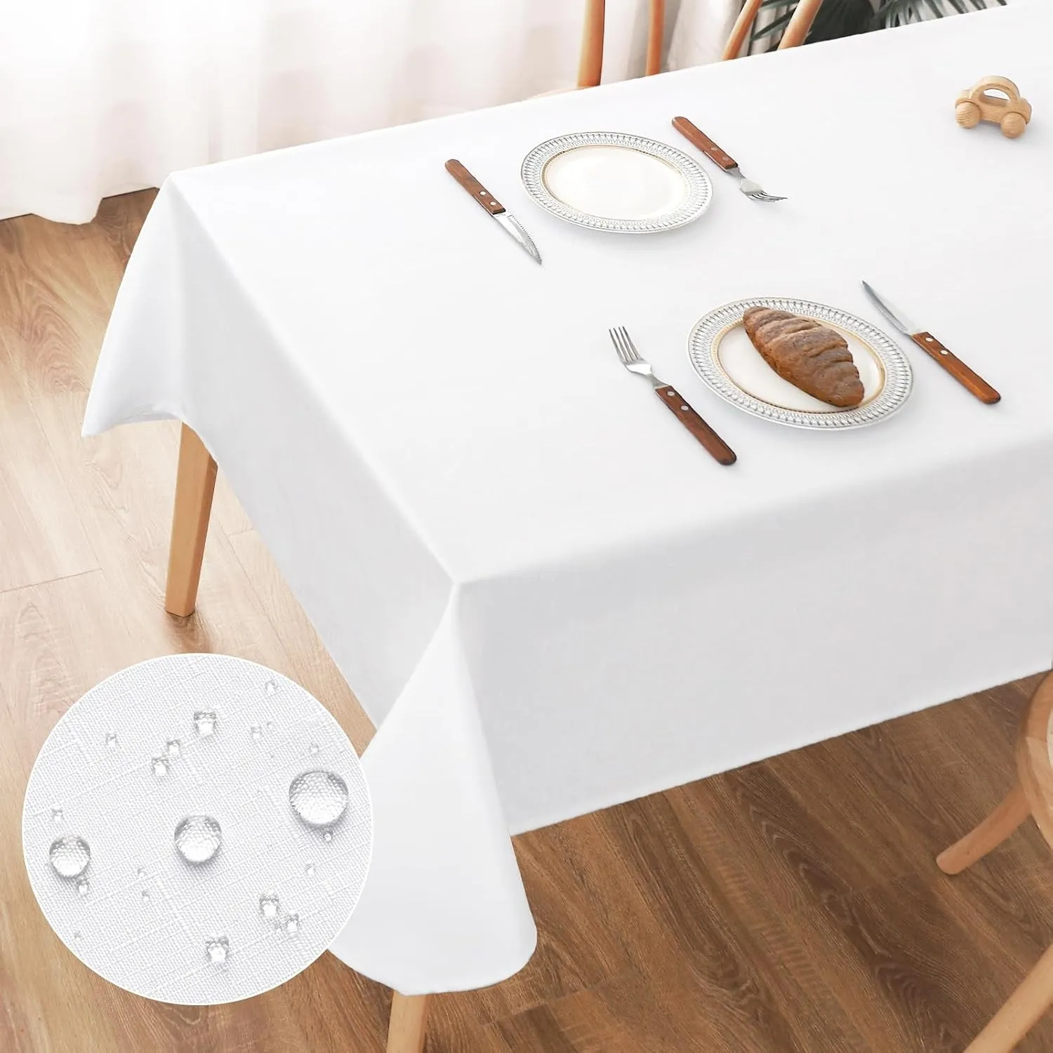 AooHome Tischdecke Abwaschbar Weiß, 140x240cm Tischdecken Leinen-Optik Tischtuch aus Polyester Wasserabweisend mit Lotu…
