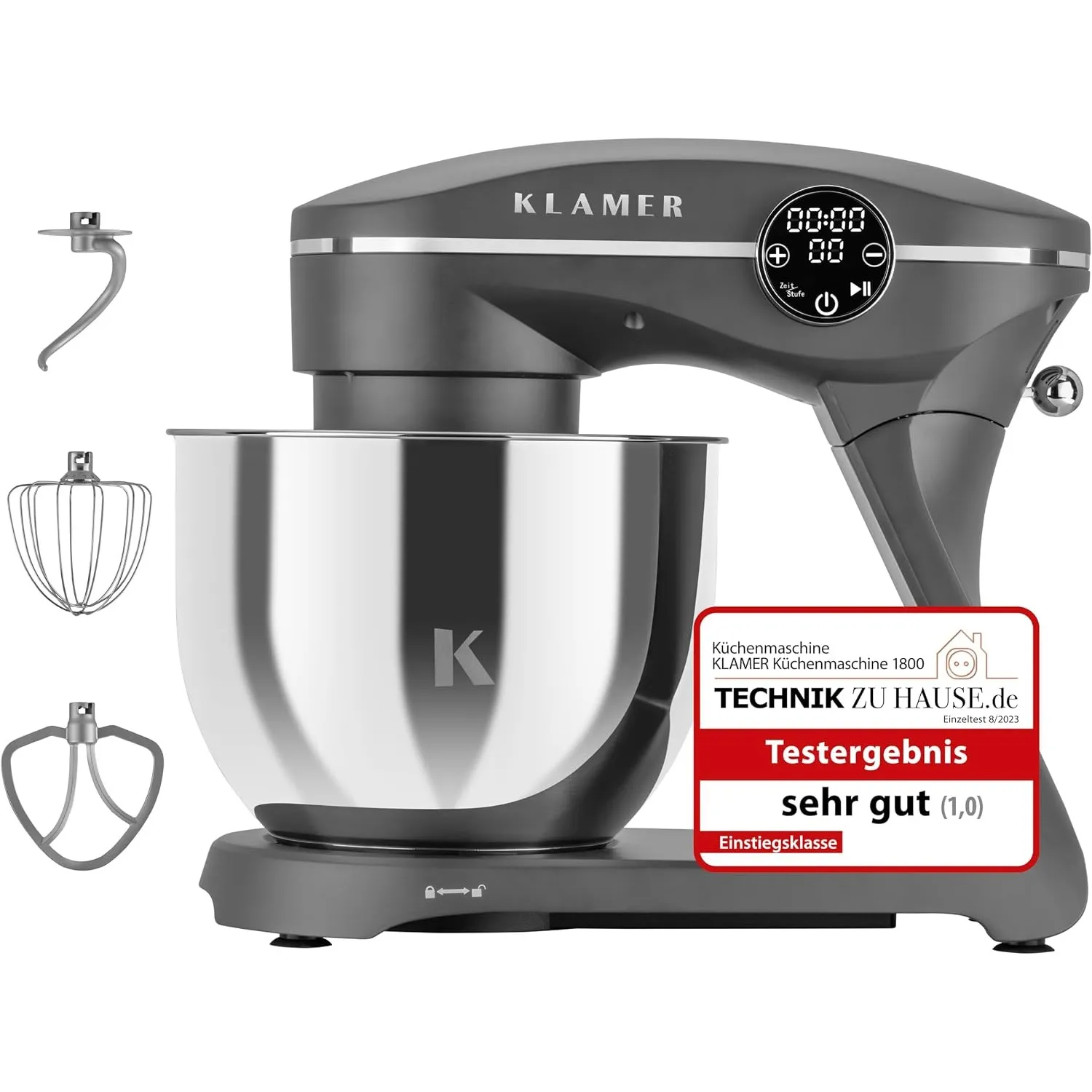 KLAMER Küchenmaschine 1800W, Knetmaschine Brotteig mit 6L Edelstahlschüssel