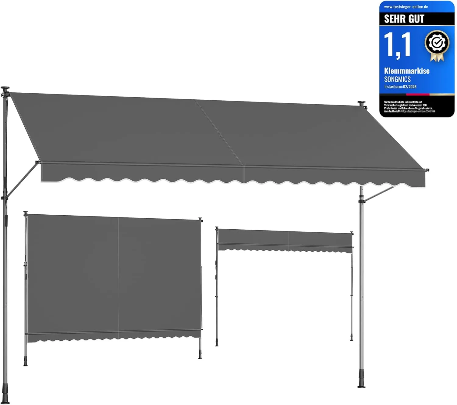 SONGMICS Clamp-On Awning, Height-Adjustable, with Hand Crank, Sun Protection, for Balcony, Patio, Garden, 400 x 120 cm,…