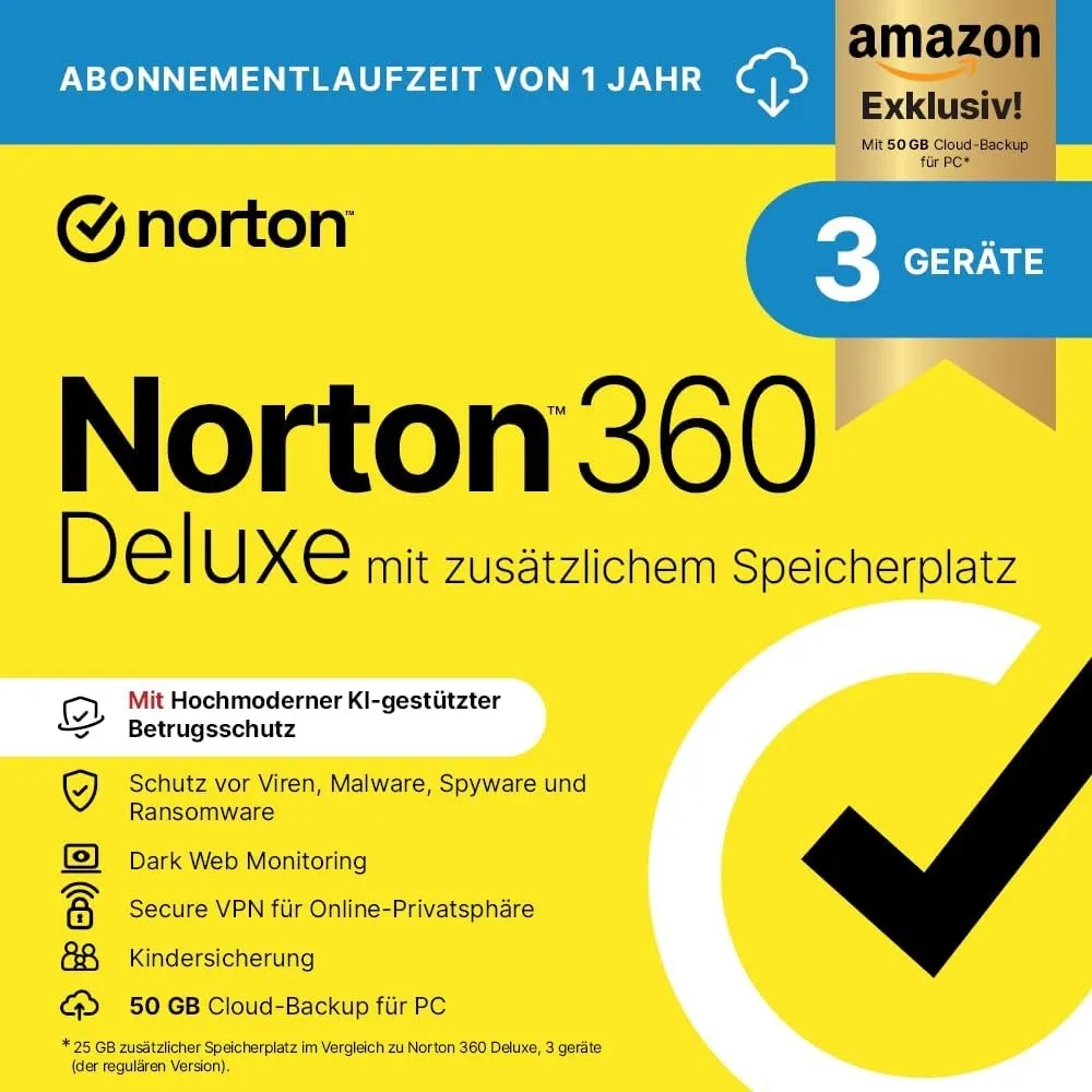 Norton 360 Deluxe mit extragroßer Backup-Kapazität – Amazon Exklusiv* 25GB zusätzlicher Cloud-Backup Speicher. Antiviru…