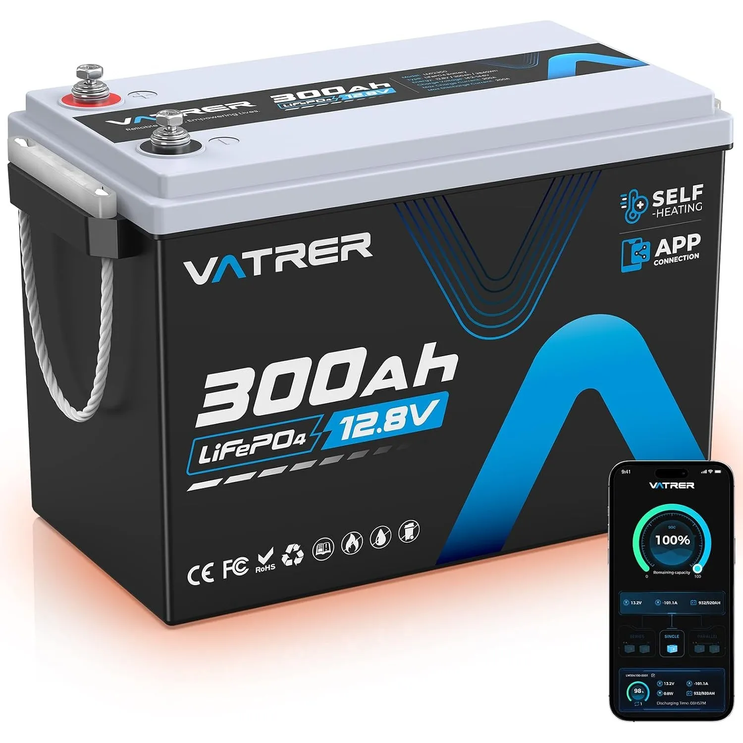 VATRER POWER 12,8V 300Ah LiFePO4 Batterie,Selbstheizung & Bluetooth
