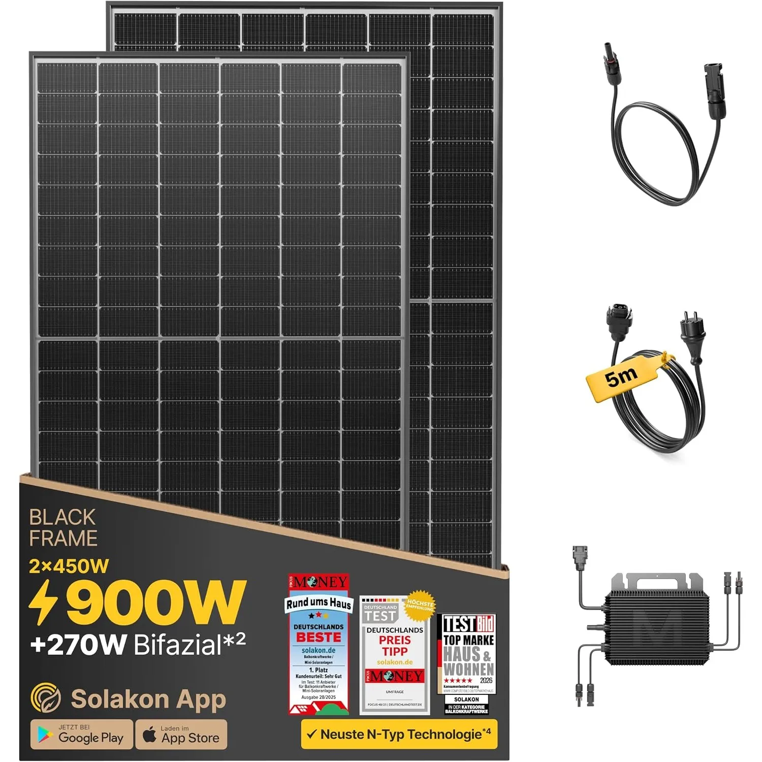 Solakon 900W Balkonkraftwerk - Balkonkraftwerk 800W komplett Steckdose - neuester 800 Watt Wechselrichter - Solaranlage…