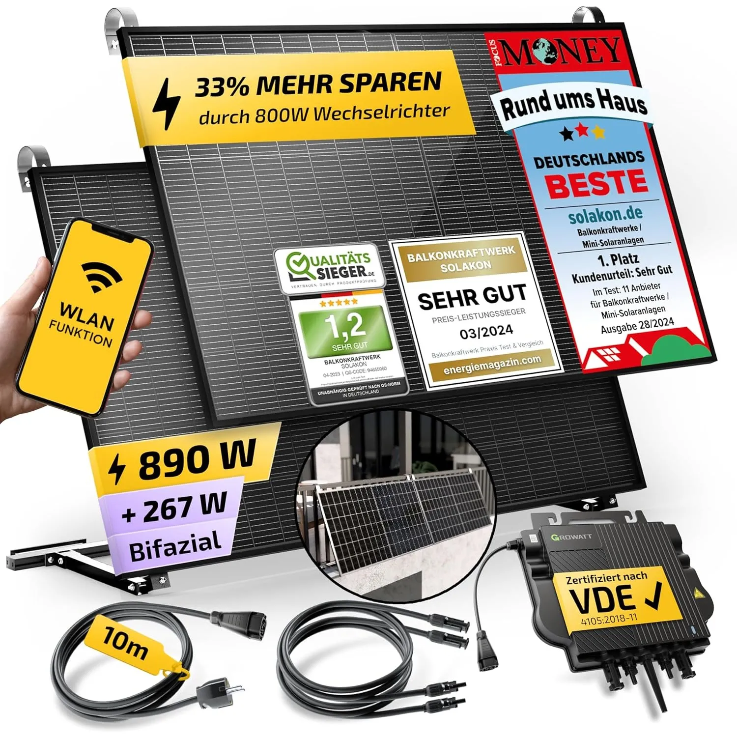Solakon 900W Balkonkraftwerk mit Halterung (Balkon) - Balkonkraftwerk 800W komplett Steckdose - 800 Watt Wechselrichter…
