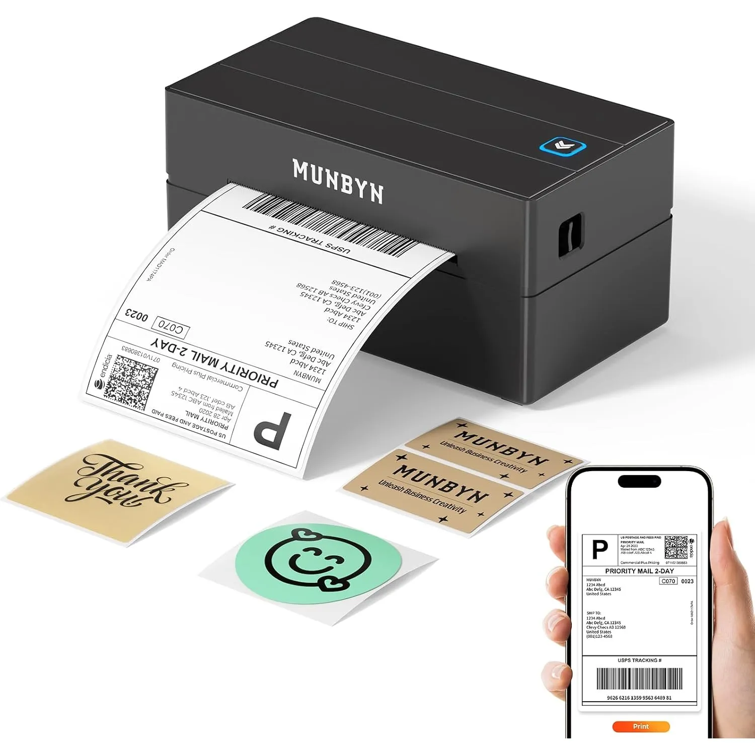 MUNBYN DHL Etikettendrucker Bluetooth, Label Printer ITPP130B Schwarz