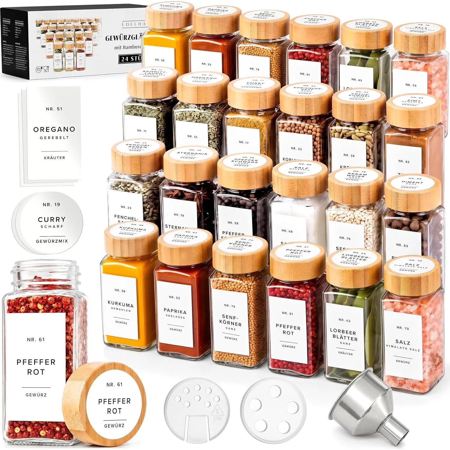 EDELHAUS Gewürzgläser Eckig Set 24x120ml mit Bambusdeckel, 240 Etiketten