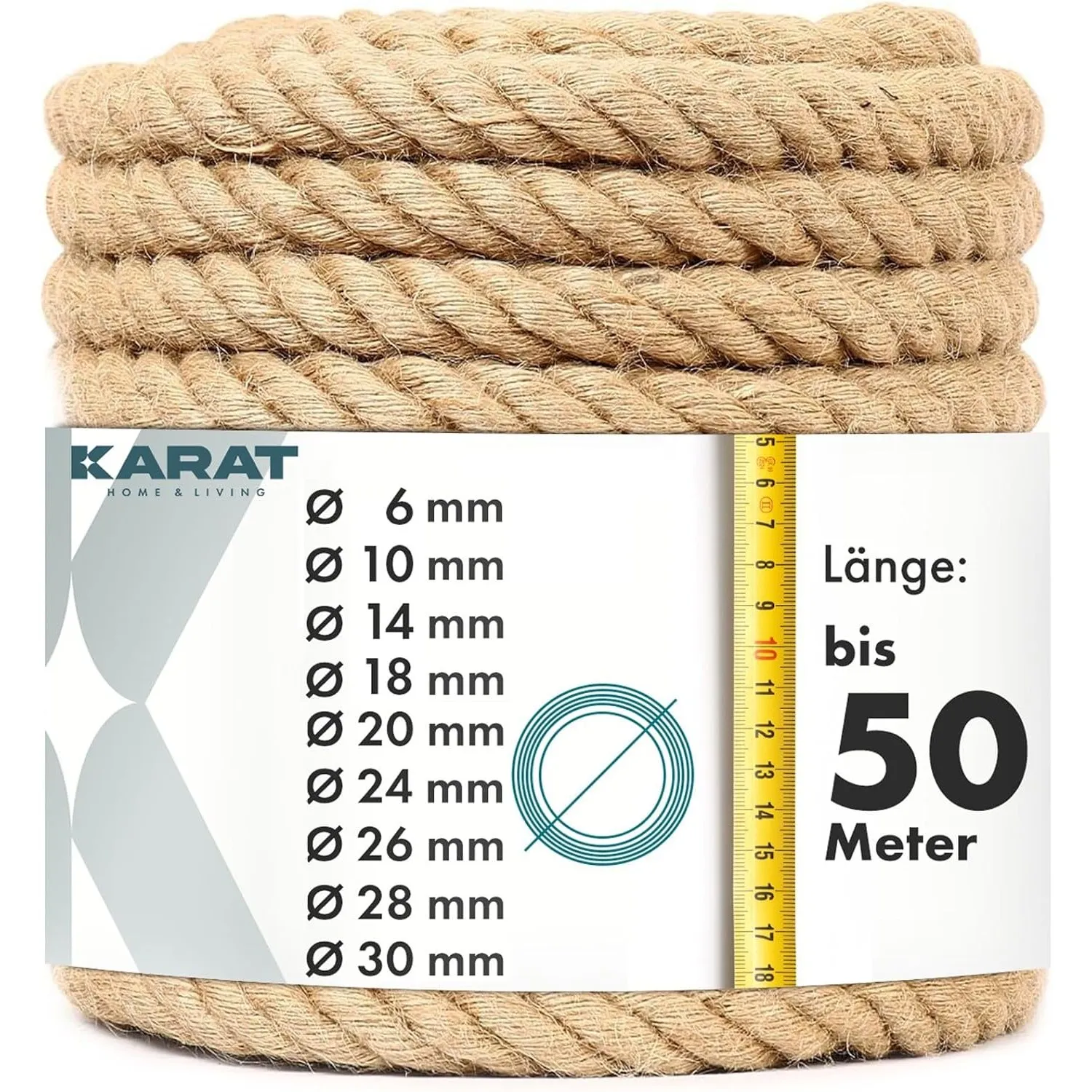 KARAT Kletterseil 50m 30mm Dicke Juteschnur, Tau Seil aus 100% Natur Jute extra Starke Juteband Schnur, Kordel Garn für…