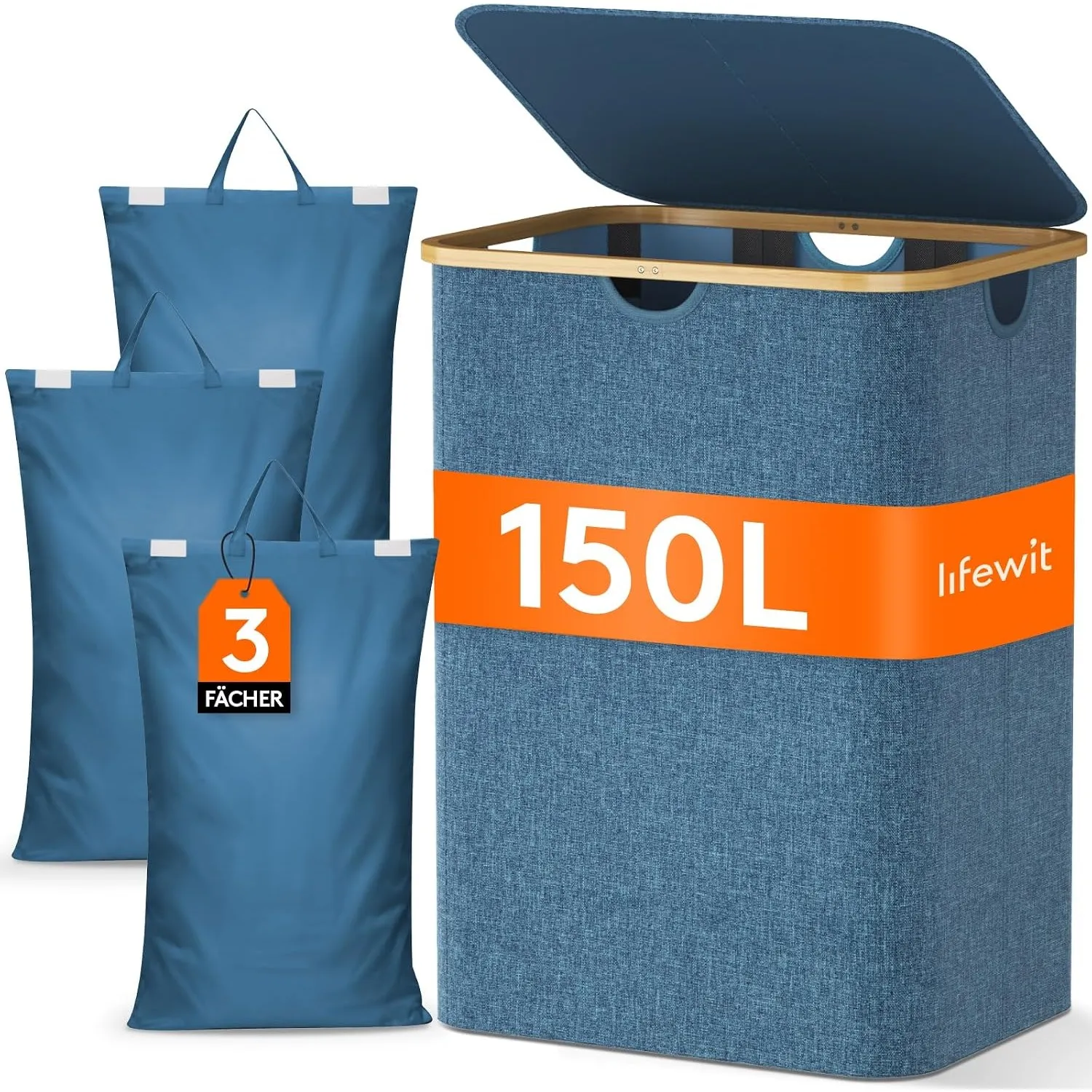 Lifewit 150L Wäschekorb mit 3 Fächern und Deckel, Dunkelblau
