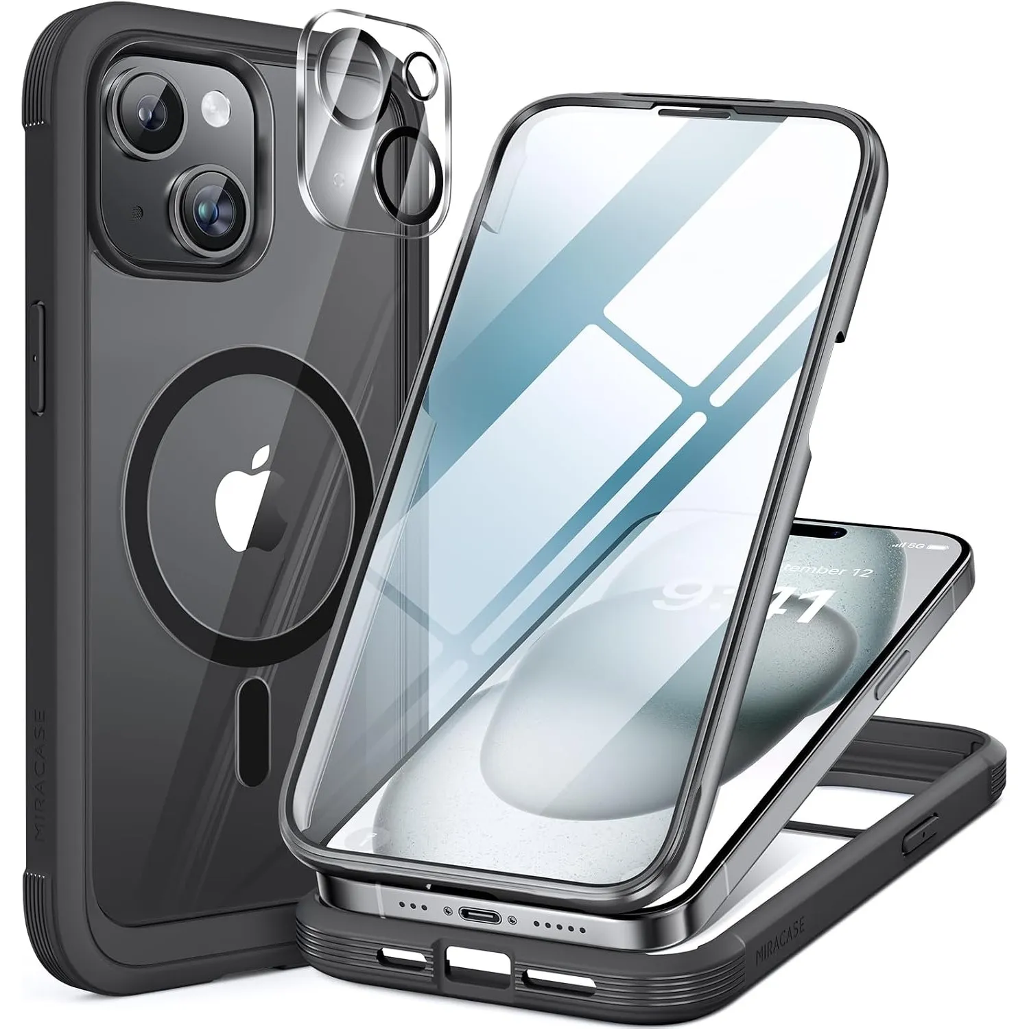 miracase Vollschutzhülle für iPhone 15, Magsafe, Schwarz