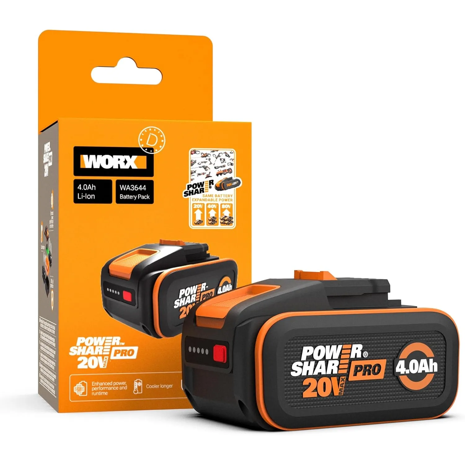 WORX WA3644 Original PowerShare Pro Akku 20V, Li-Ion, 4,0 Ah | Mehr Sicherheit & längere Laufzeit, LED-Anzeige, Innovat…