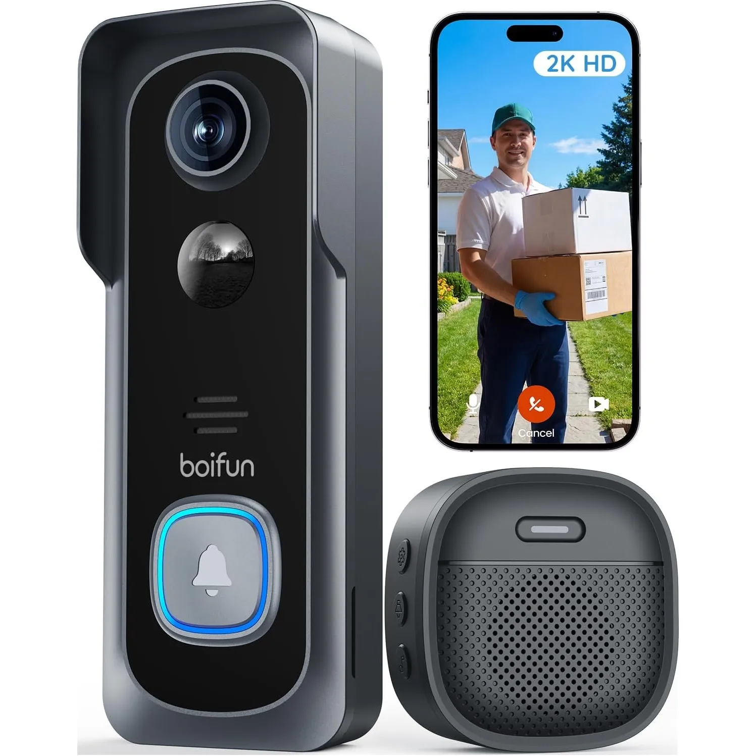 BOIFUN WLAN Video Türklingel mit Kamera, Ultra-HD-Funkklingel mit Kamera,Alexa-kompatibel, Nachtsicht, PIR Bewegungserk…