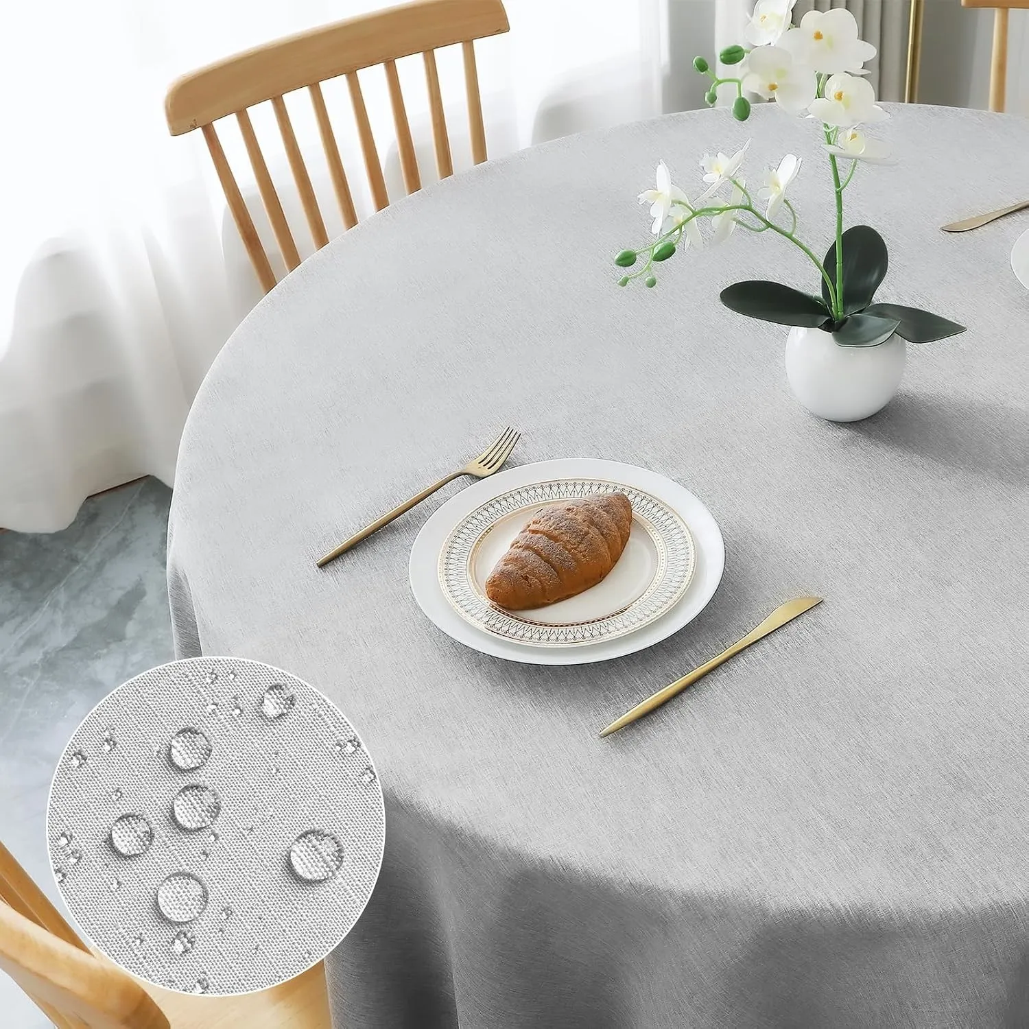 AooHome Tischdecke Rund Φ180cm, Hellgrau Leinen-Optik Tischdecken Abwaschbar Tischtuch aus Polyester Wasserabweisend mi…