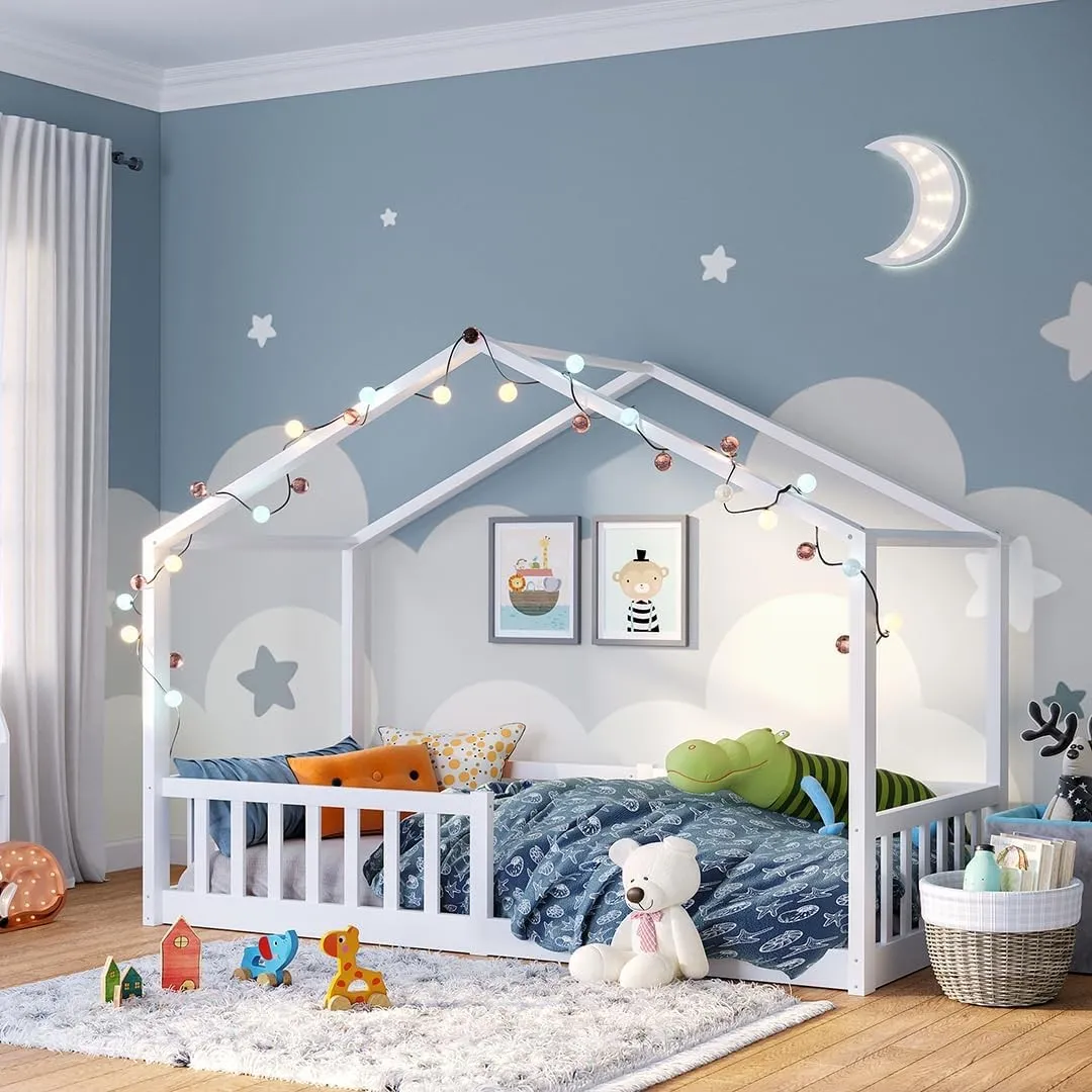 Bellabino Bia Kinderbett 90x200 cm, Bodenbett, Weiß, mit Rausfallschutz