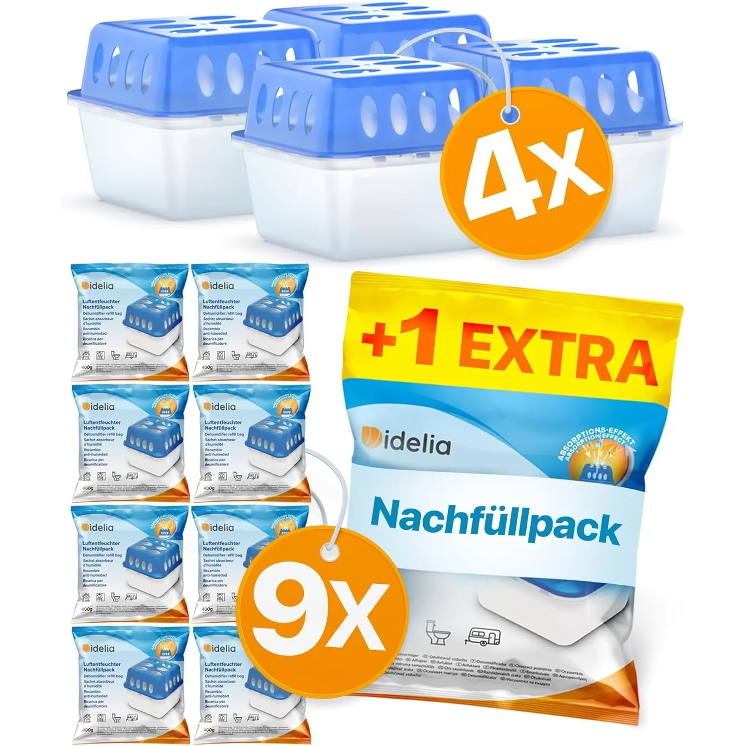 Idelia® 4x Luftentfeuchter + 9x 400g Nachfüllpacks - Raumentfeuchter für Bad, Keller uvm. bis 40m² + 9x Luftentfeuchter…