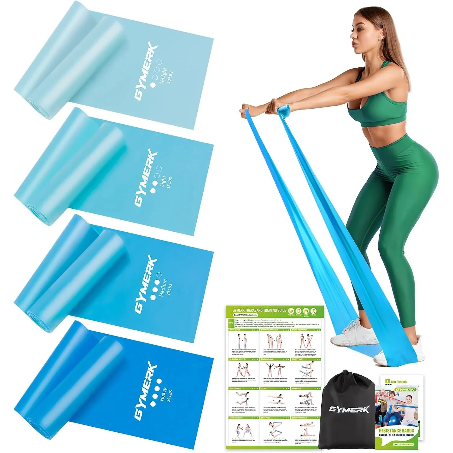 GYMERK Fitnessbänder Set 4er, 1.8M/2M Fitnessband, 4 Widerstandsstufen mit Übungsposter, Gymnastikband mit Tragetasche …