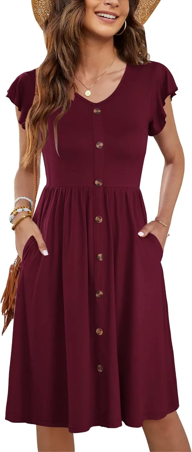 MOLERANI Women’s Summer Dress, Ruffle Sleeves, V-Neck, Casual, Elasticated Waist, Midi Swing Dress with Pockets, S–2XL
