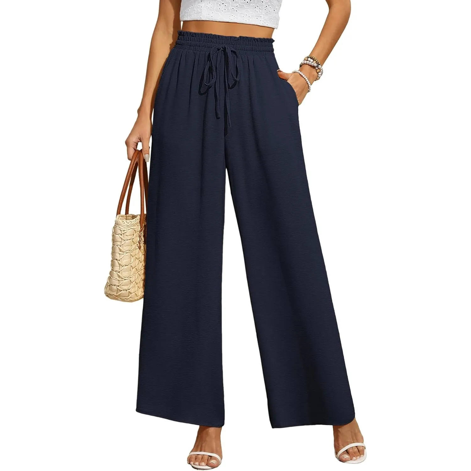 BEIGAI Damen Hosen Weite Lose Gerade Geschnitten Palazzo Hose Hohe Taille Dehnbar Lounge Elegante Hose mit Taschen