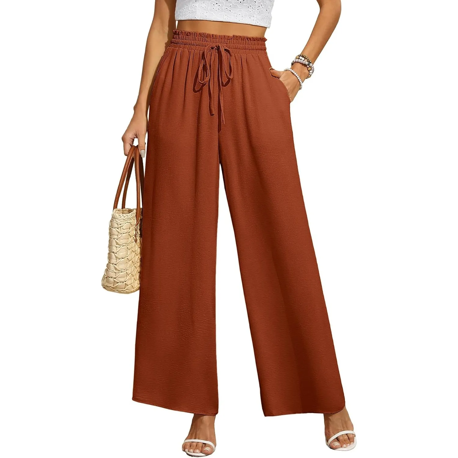 BEIGAI Damen Hosen Weites Bein Stoffhose Locker Gerade Leichte Palazzo Hose | Hohe Taille Dehnbar Lounge Freizeithose, …