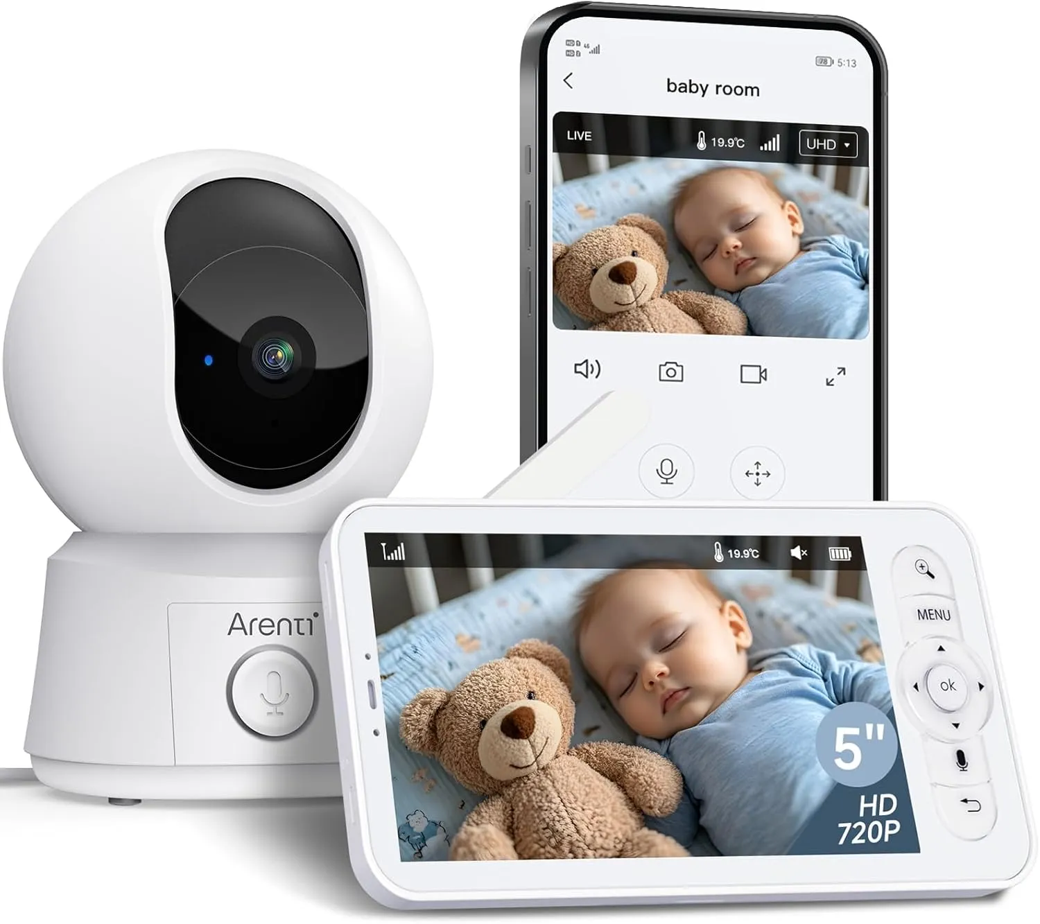 ARENTI Babyphone mit Kamera und App mit 5" Display, 1080P PTZ Video Babyfon mit Kamera, One-Touch-Ruf, Temperatursensor…