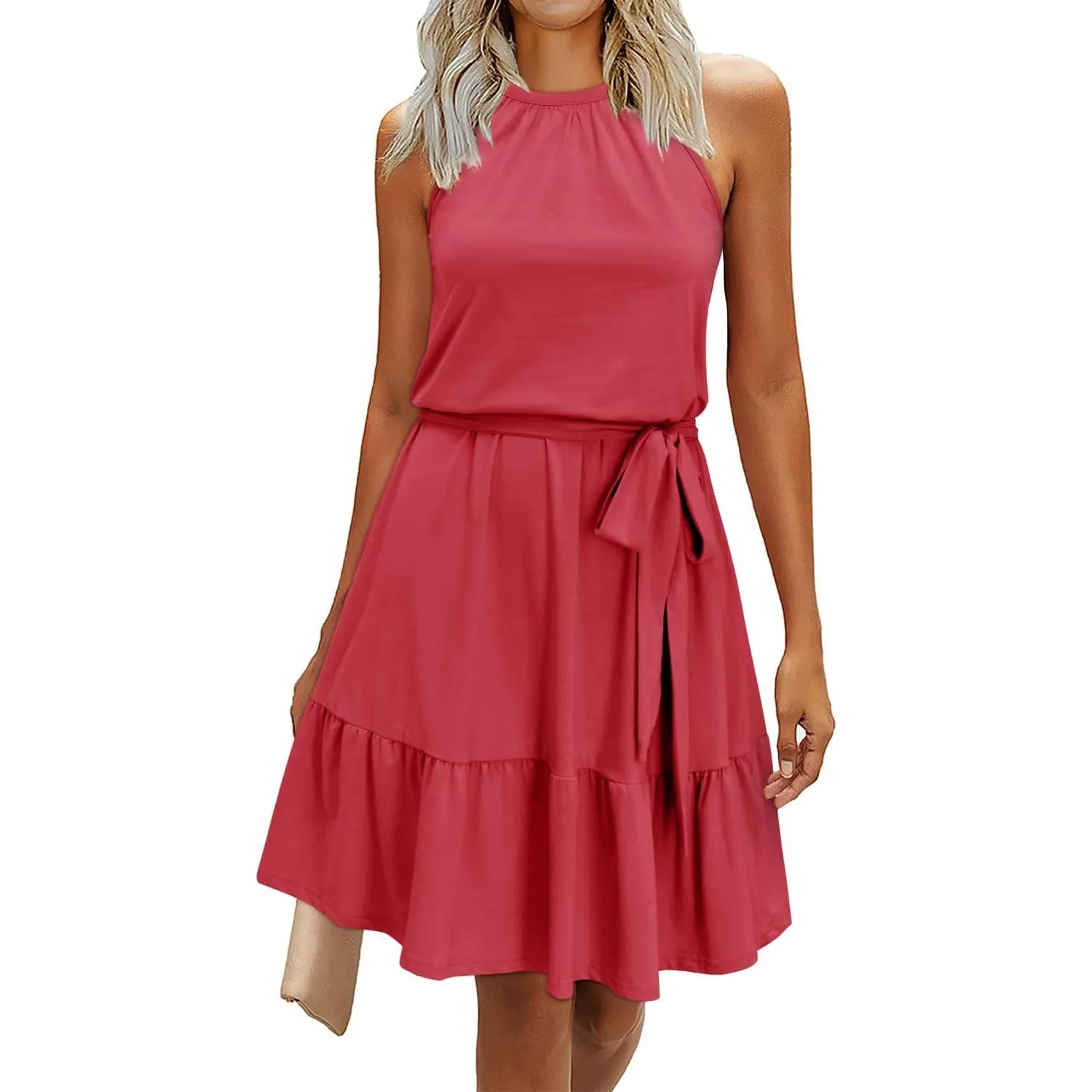 Newshows Sommerkleider Damen Knielang Elegant Kleid Blumenmuster Neckholder Rüschen Freizeitkleider mit Taschen