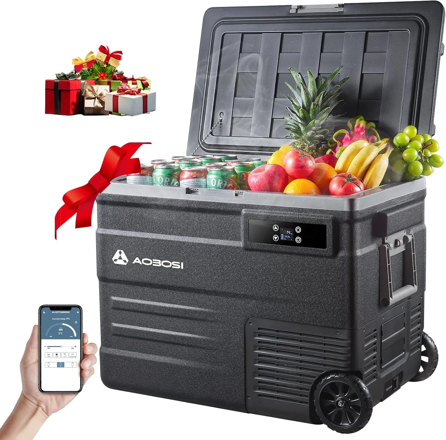 AAOBOSI 55L Kompressor Kühlbox, Kühlbox Auto mit APP, LED-Beleuchtung, -20°C bis 20°C, 12/24V und 100-240V, Kühlbox Kom…