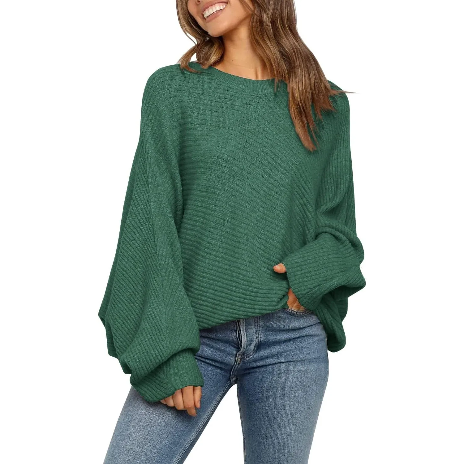Fessceruna Damen Pullover Oversize Fledermausärmel Strickpullover