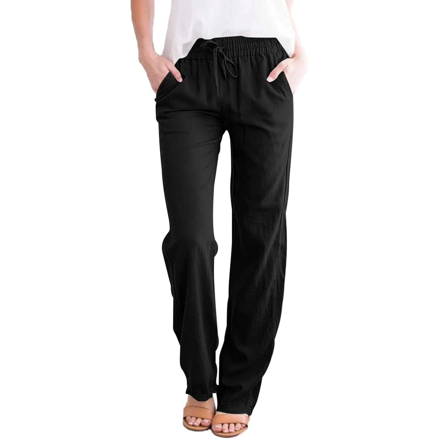 Tincini Leinenhose Damen Hose Sommer Musselin Leinen Hosen Stoffhose Einfarbig Freizeithose Gerade Geschnitten Strandho…