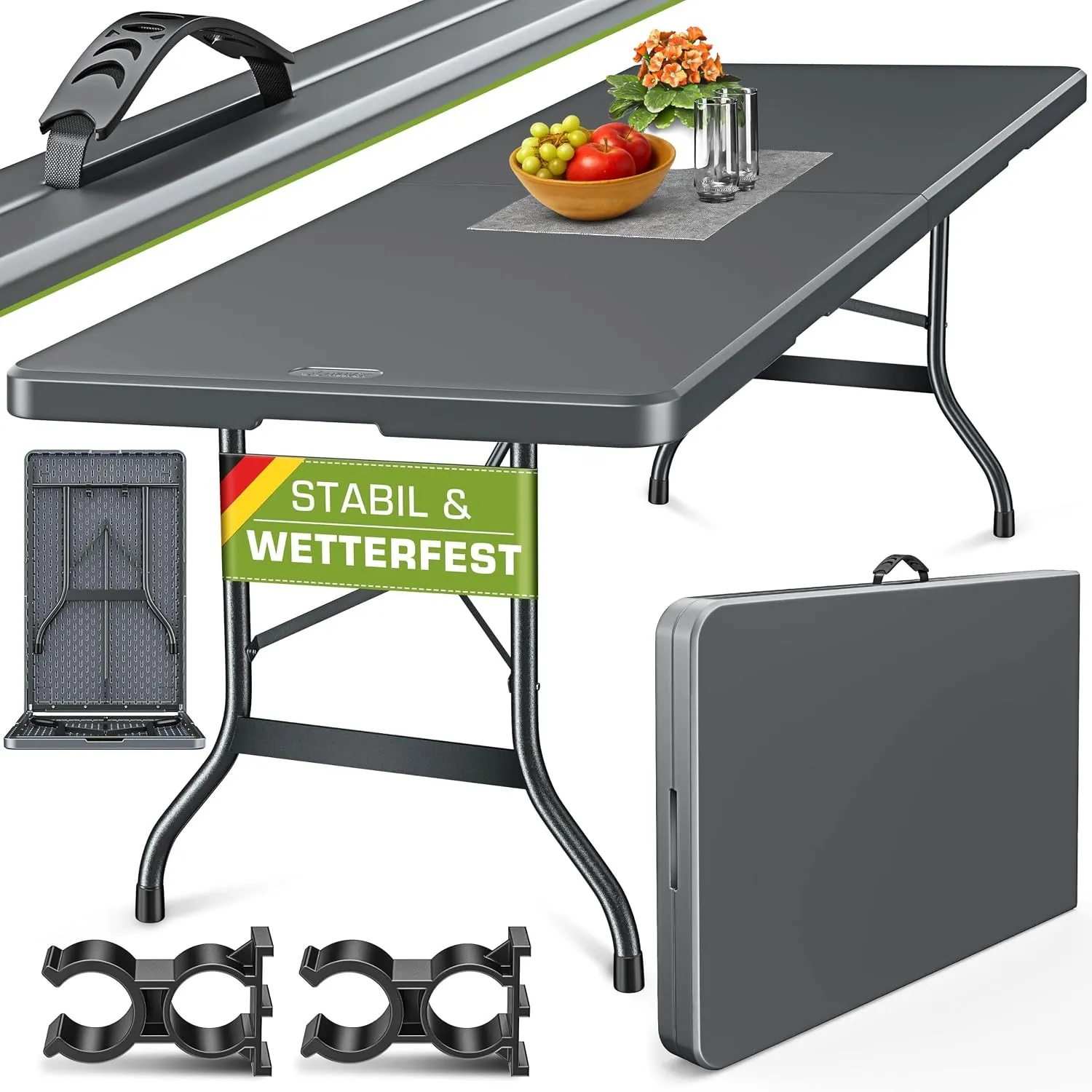 tillvex® Gartentisch klappbar Kunststoff 180x75cm Wetterfest + Tragegriff