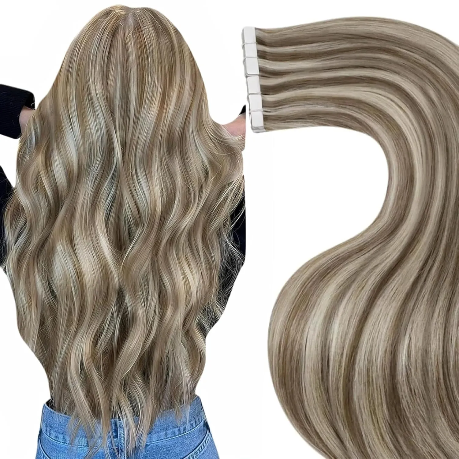 LaaVoo Blond Echthaar Extensions Tape in Highlight Remy Extensions Echthaar Tape Hellbraun Platinblond Tape Extensions …