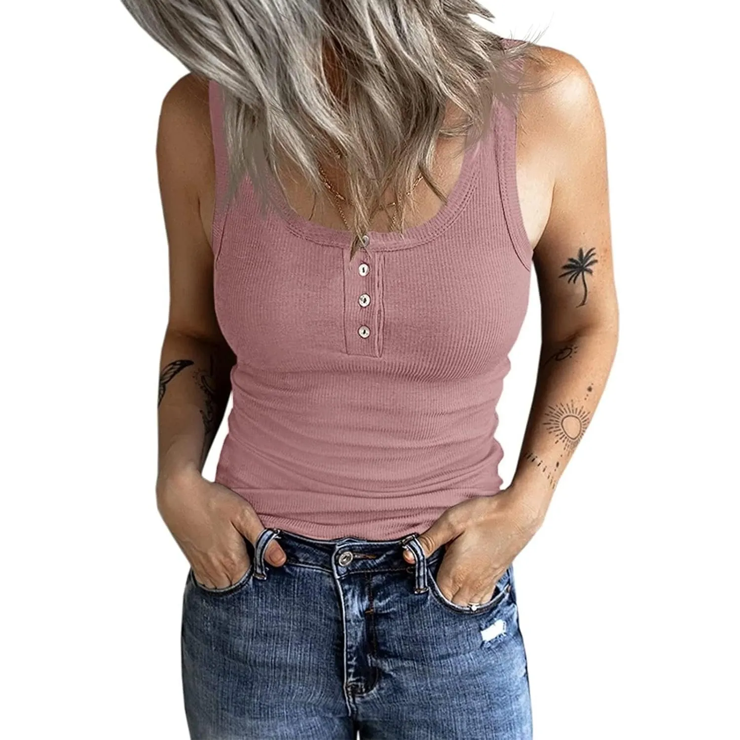 Fessceruna Damen Tops Sexy U-Ausschnitt Tank top Ärmellos Sommer Oberteile Gerippt Camisole mit Knöpfen