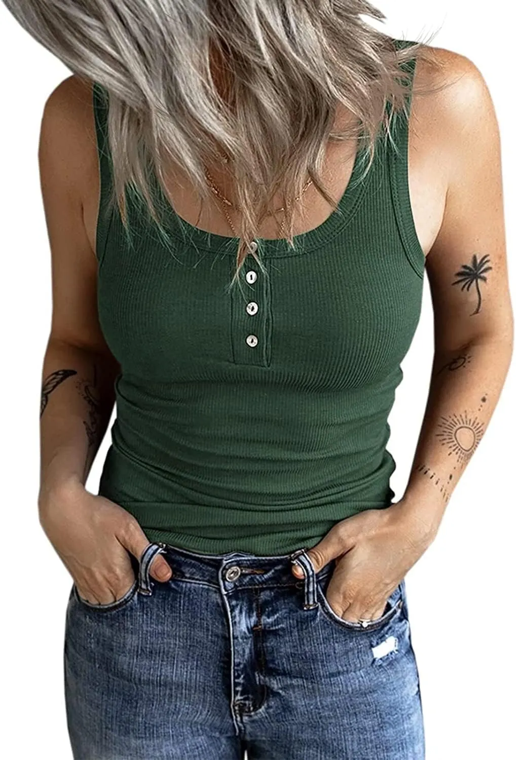 Fessceruna Women's Top, Sexy Scoop Neck, Tank Top, Sleeveless Summer Top, Ribbed Camisole with Buttons