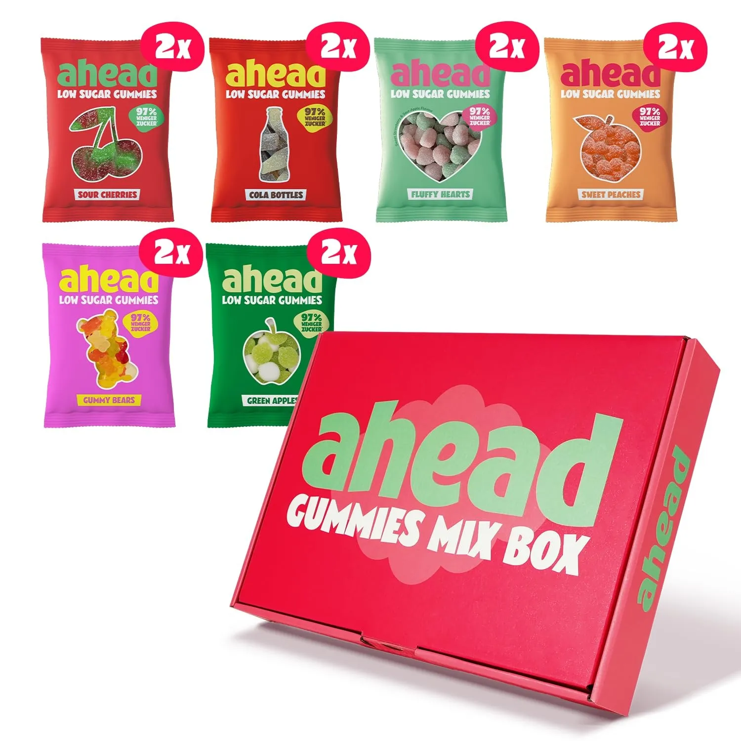 ahead Fruchtgummis Probierpaket 12 x 50g Großpackung | Gummibärchen ohne Zuckerzusatz | Weniger als 1g Zucker & bis zu …