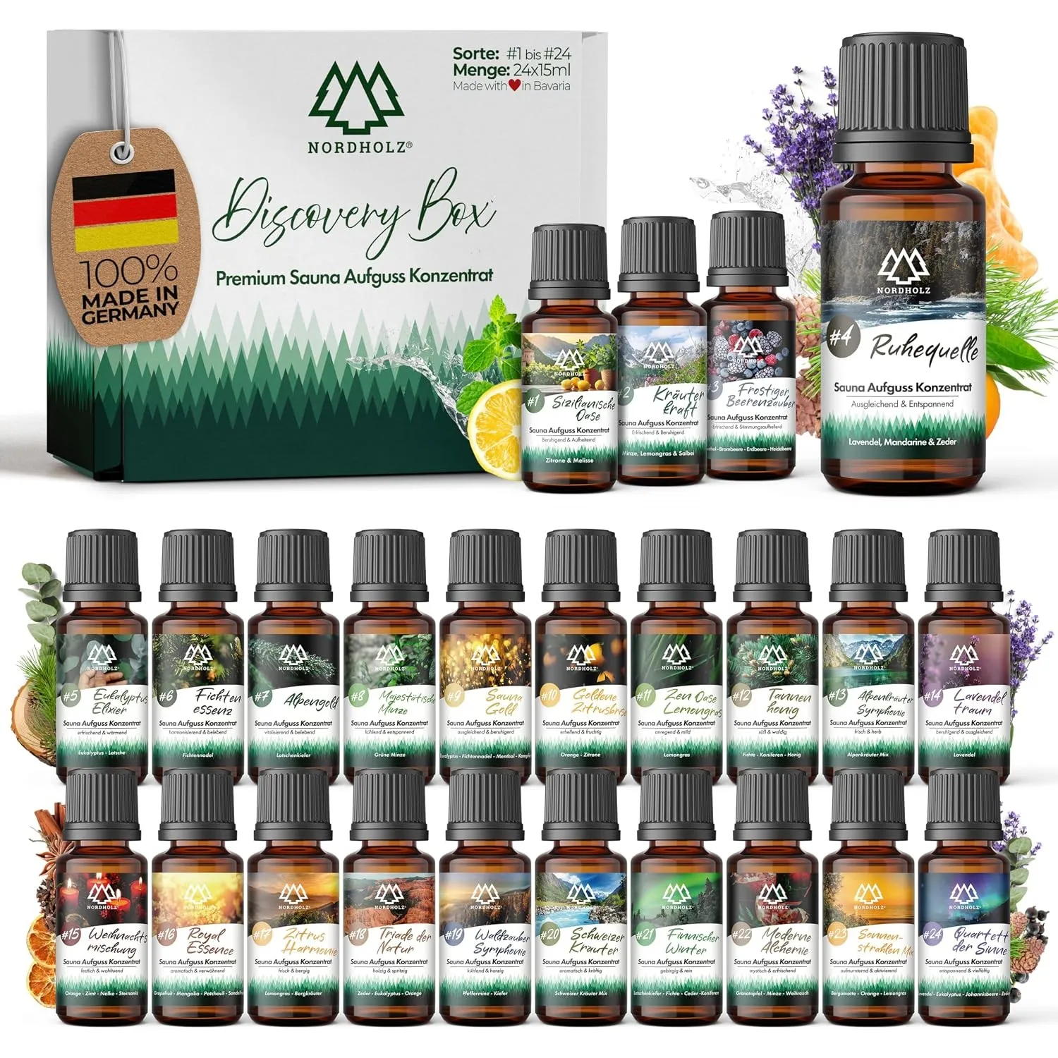 NORDHOLZ® Saunaaufguss Discovery Box 24x15ml [ #1-#24 NATURREINE ÄTHERISCHE ÖLE] Sauna Aufgussmittel - Sauna Aufguss au…