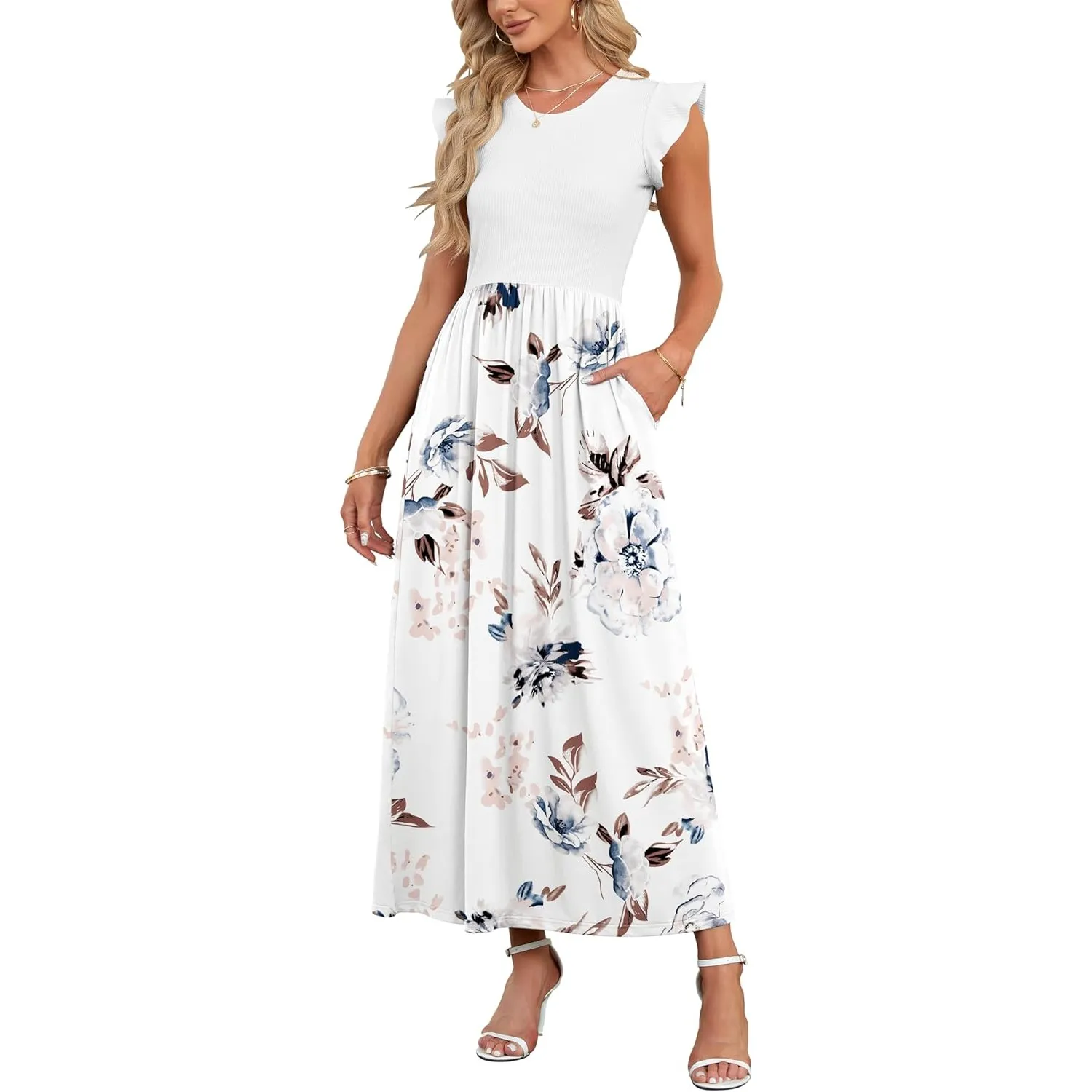 AUSELILY Sommer Maxikleider Dame mit Taschen Hohe Taille Lang Strandkleid | Elegante Blütenblatten Kurzarm Rundhals A L…