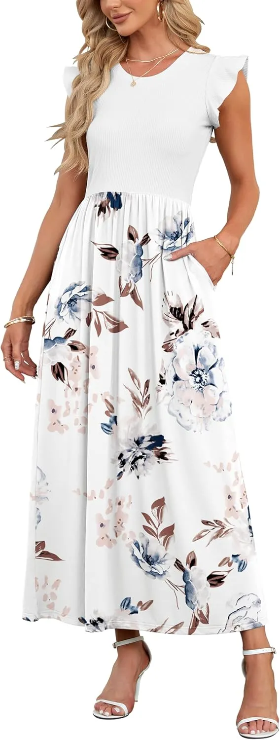 AUSELILY Women's Summer Round Neck Maxi Dress with Pockets, Short Sleeve and Ruffles, Casual High Waist, Long Loose Flo…