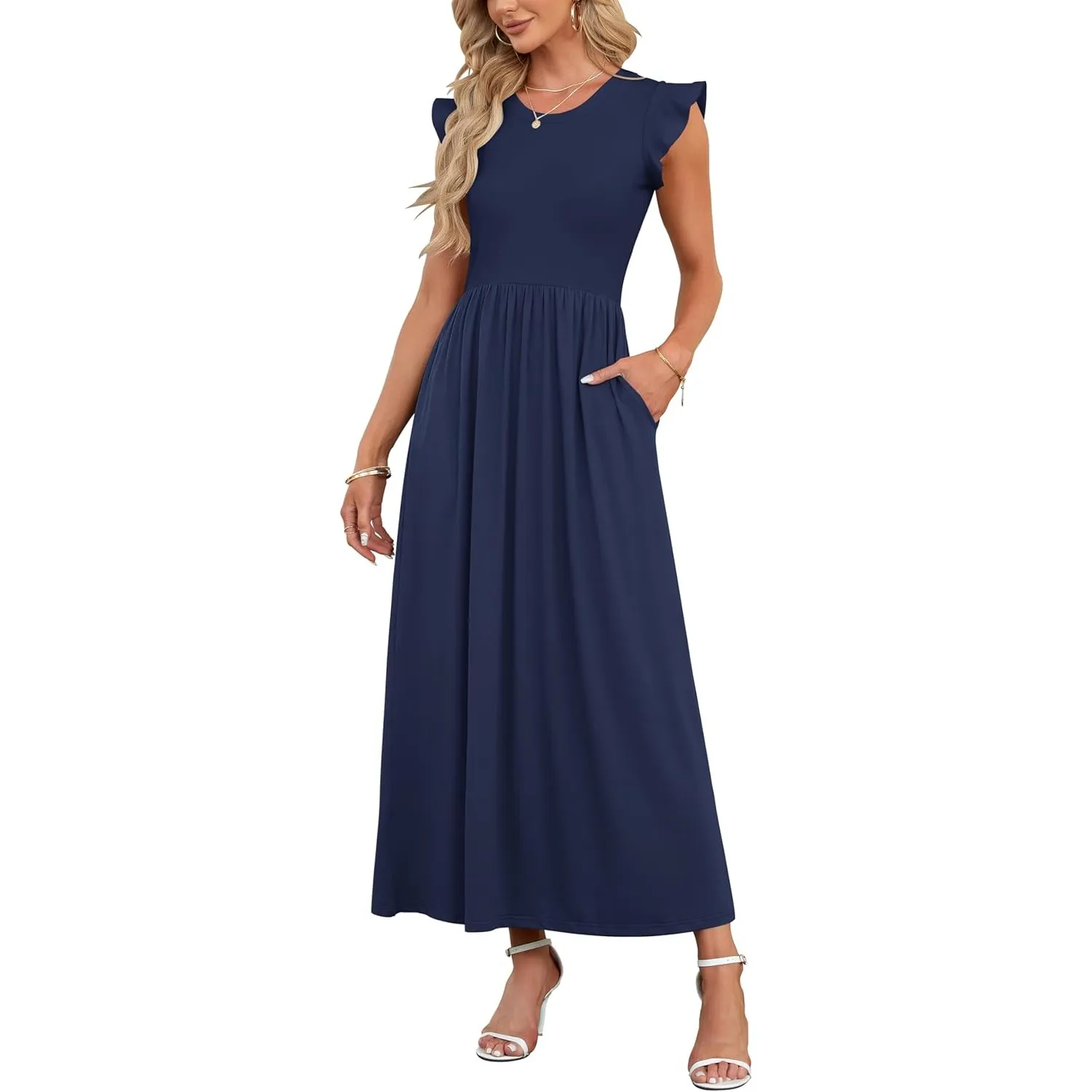 AUSELILY Damen Sommer Rundhalsausschnitt Maxi Kleid mit Taschen Kurzarm und Rüschen Lässiges Hohe Taille Langes Lockere…