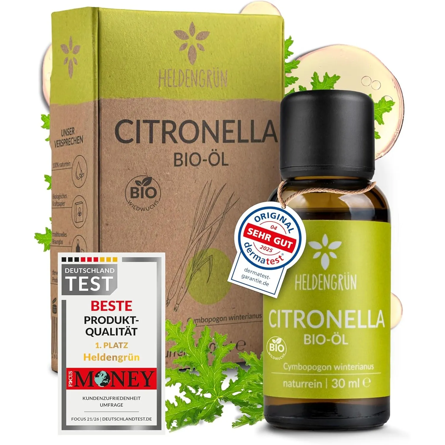 Heldengrün® BIO Citronella Öl [100% NATURREIN] Duftöl Mücken 30 ml | Wildwuchs aus Indonesien · Echtes Citronella · zit…